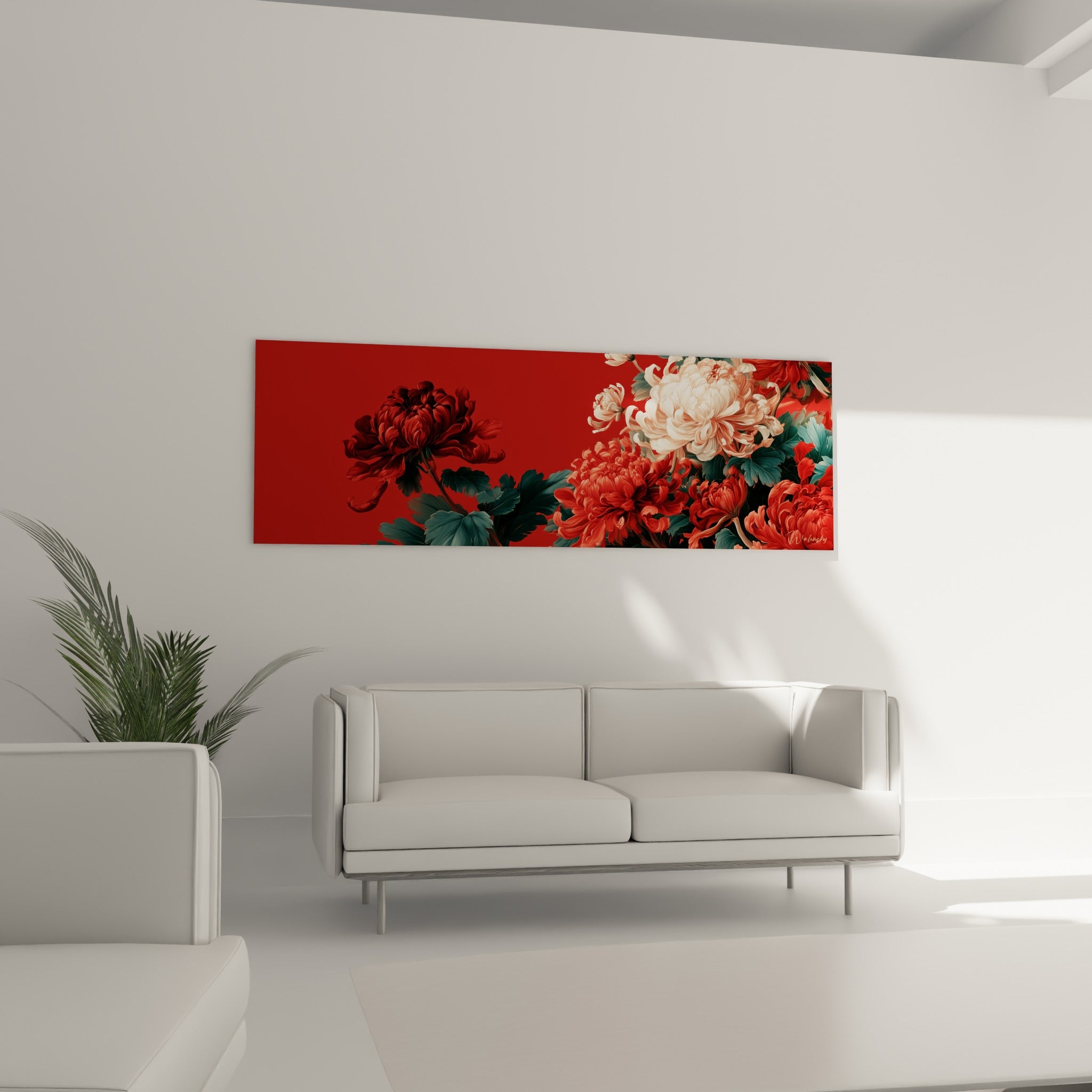 Fleurs de chrysanthème rouge vif et crème accrochées au-dessus d'un canapé dans un salon lumineux