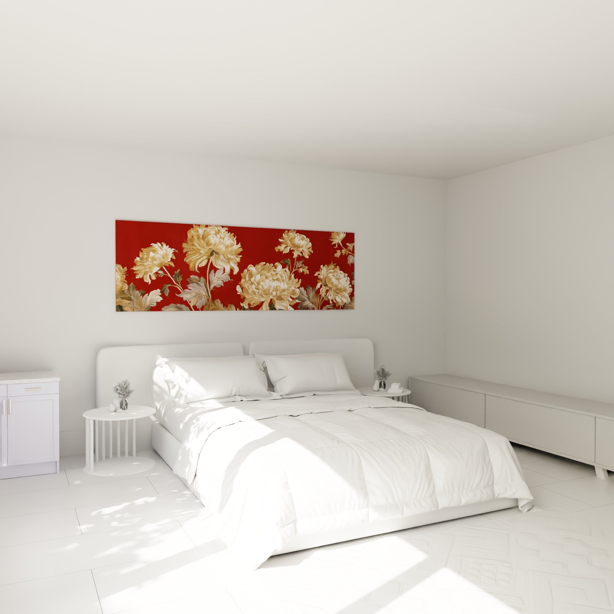 Fleurs de chrysanthème dorées sur fond grenat, au-dessus d'un lit dans une chambre claire