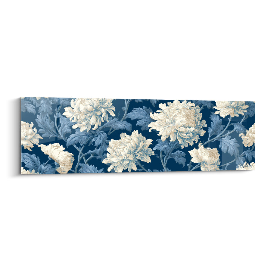 Chrysanthemen-Leinwand Elfenbein und Blau in kontinuierlicher Friese - Graviertes Pflanzenpanorama - Chrysanthème Edition