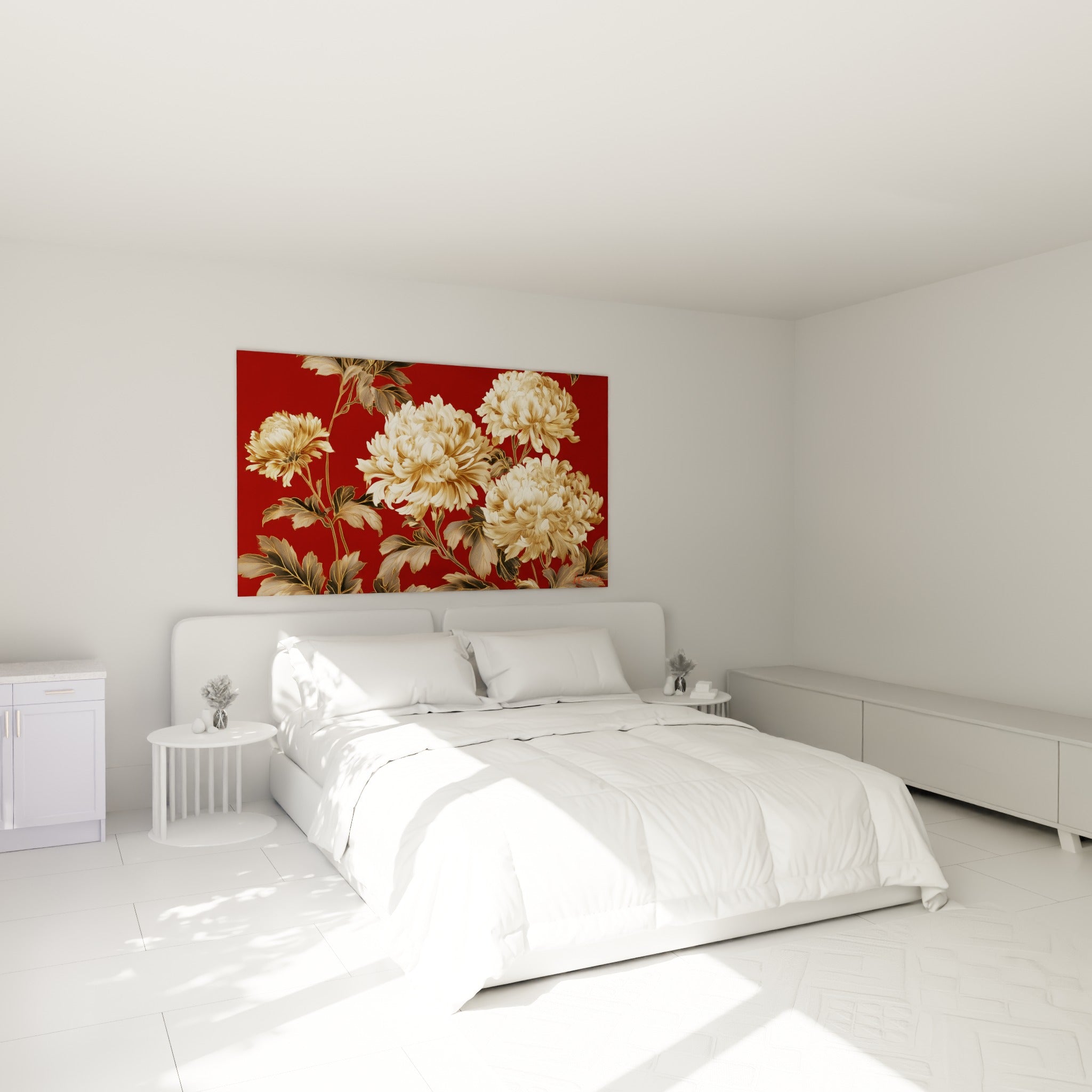 Fleurs de chrysanthème ivoire et or accrochées au-dessus d'un lit dans une chambre claire