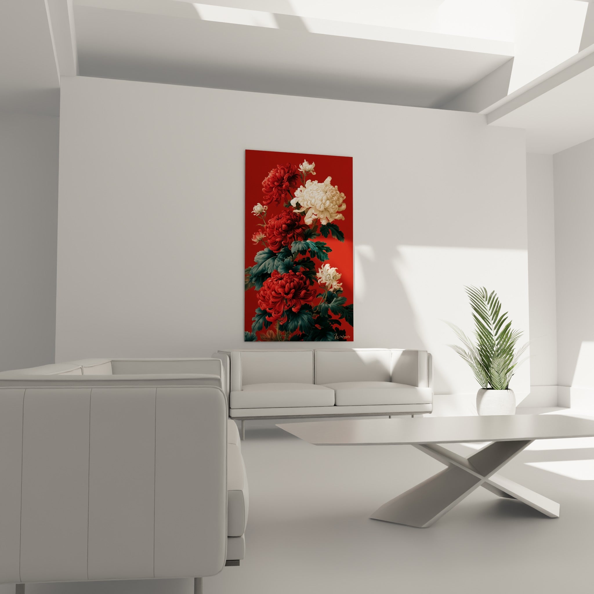 Fleurs de chrysanthème rouge vif et ivoire disposées au-dessus d'un canapé dans un salon lumineux