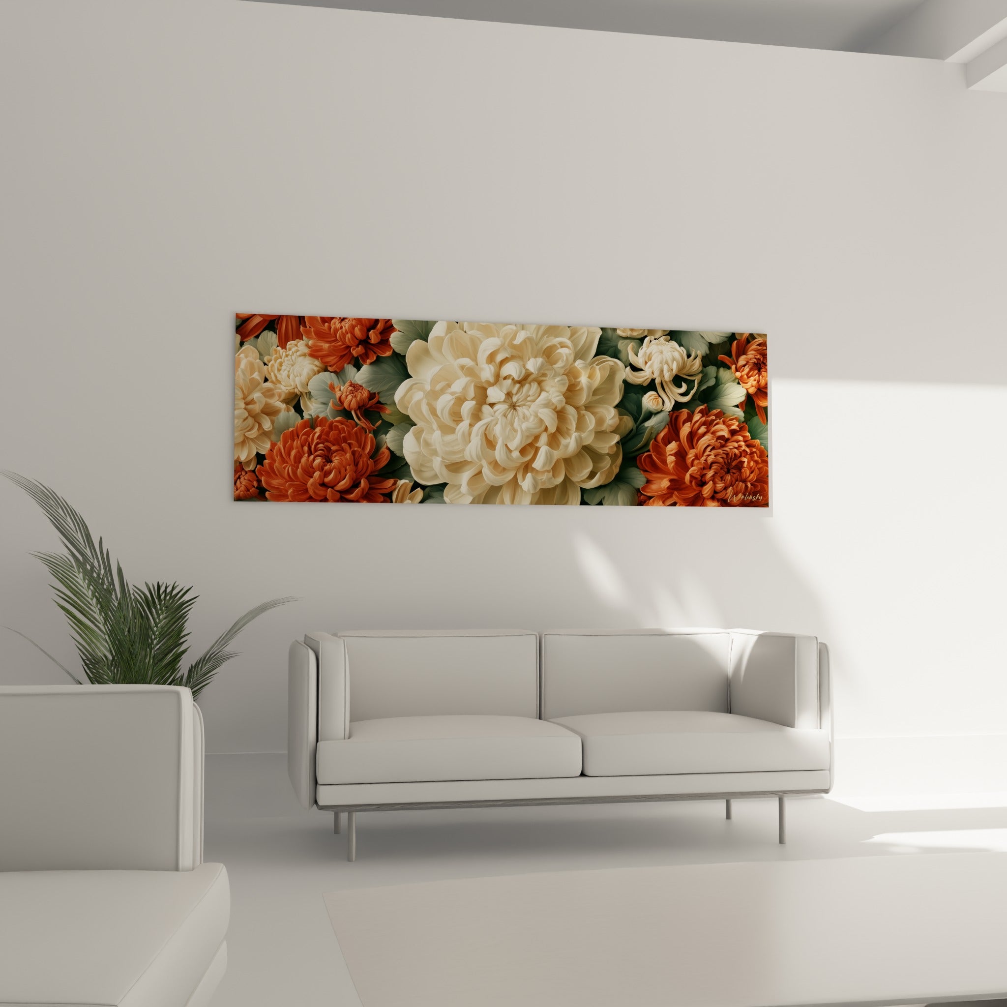 Fleurs de chrysanthème ocre et vert sauge au-dessus d'un canapé dans un salon lumineux