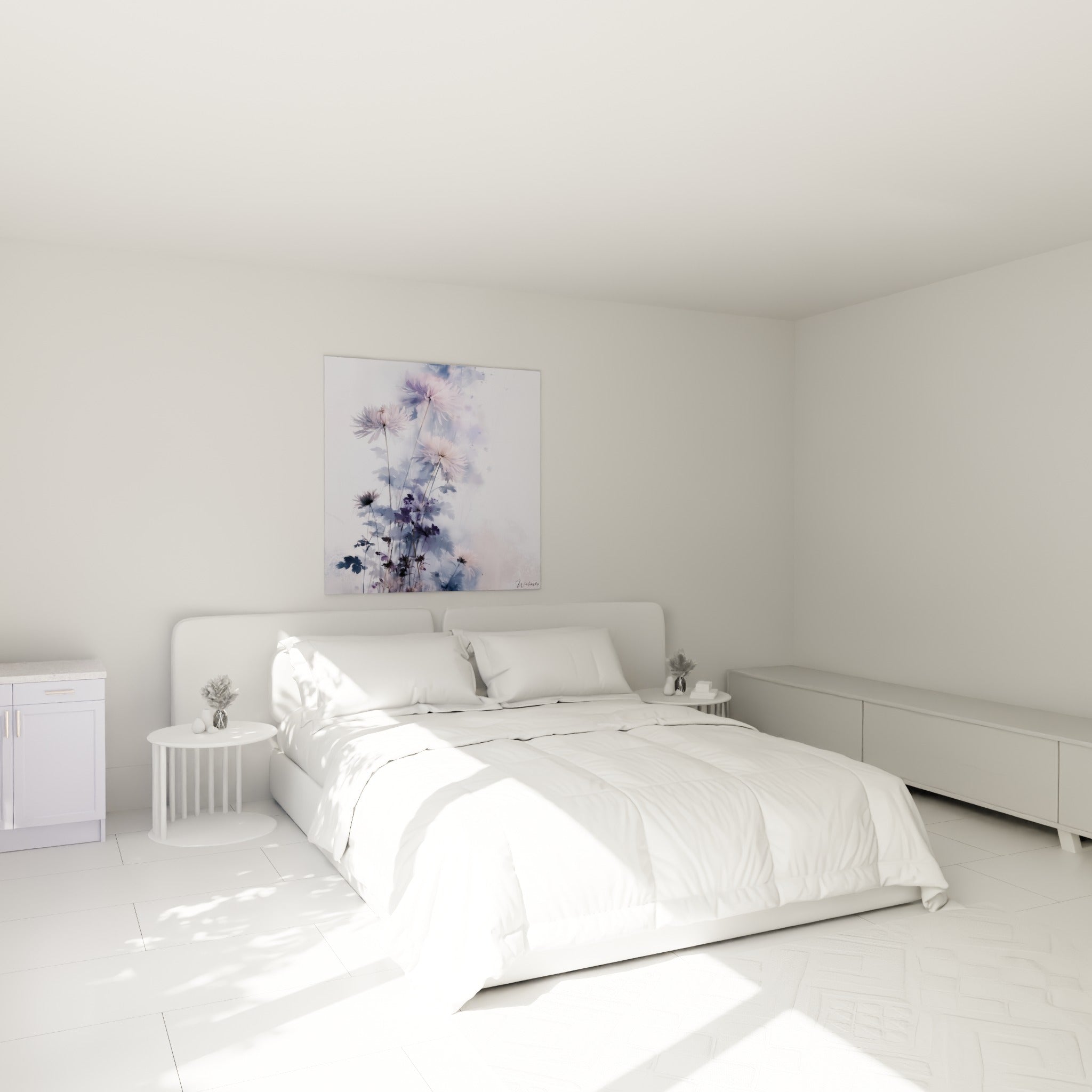 Fleurs de chrysanthème rose et anthracite au-dessus d'un lit dans une chambre claire