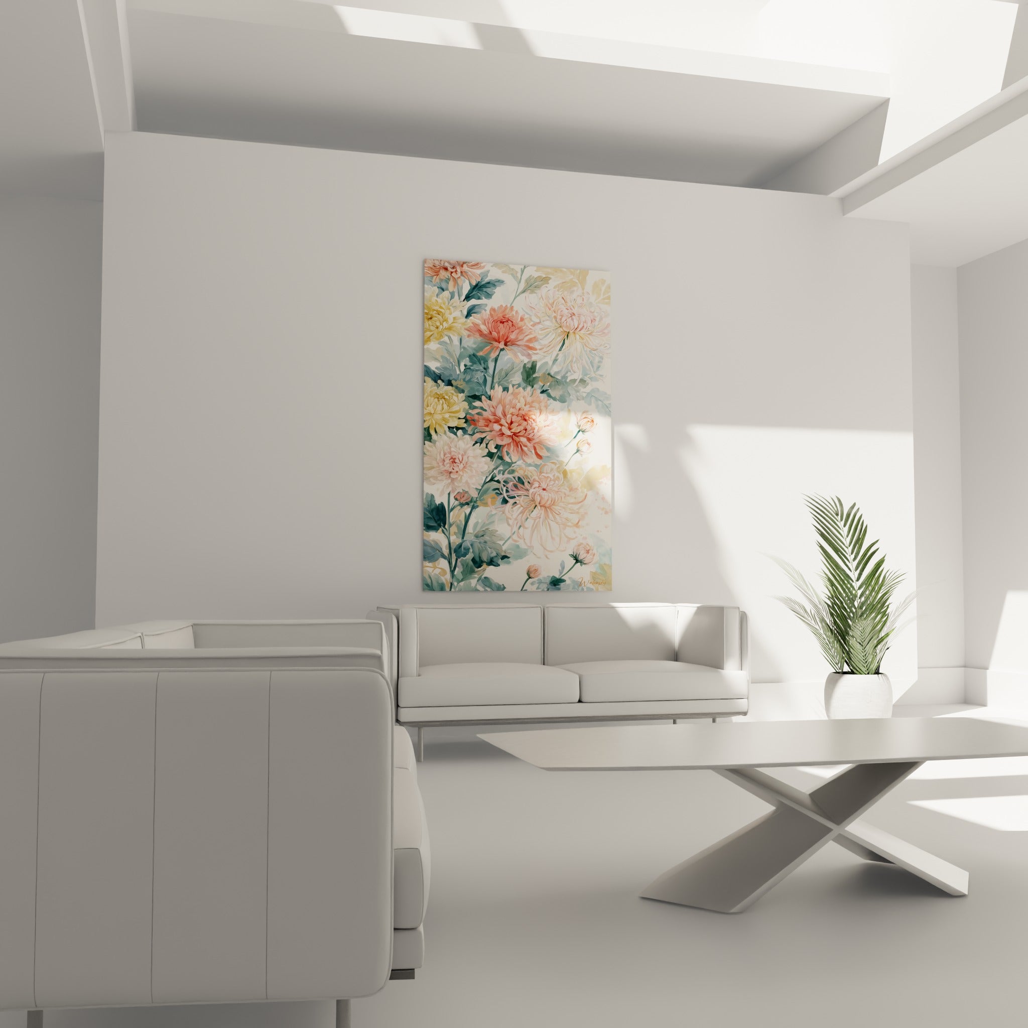 Fleurs de chrysanthème vert sauge et corail disposées au-dessus d'un canapé dans un salon lumineux