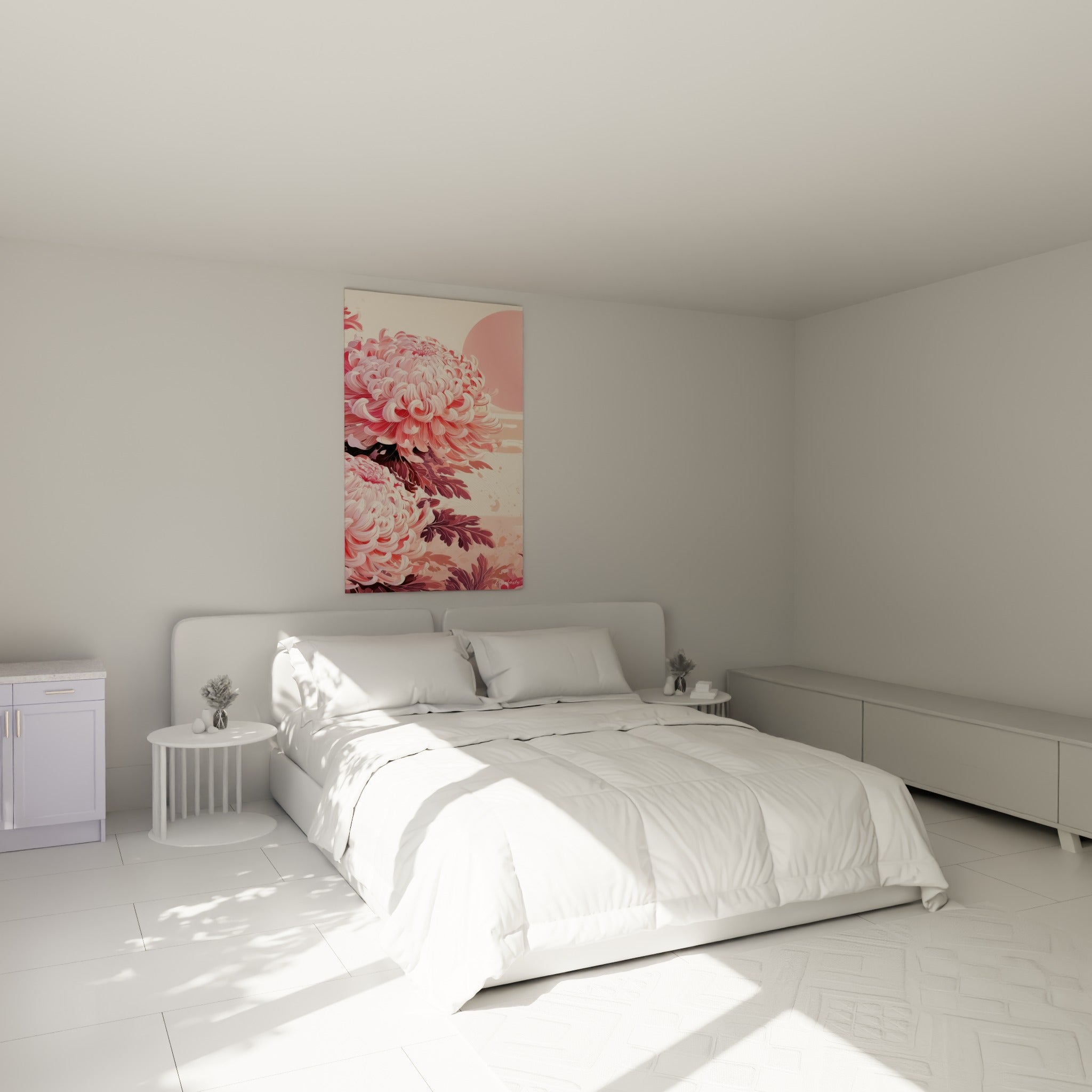 Fleurs roses et bordeaux du Chrysanthème japonisant, accrochées au-dessus d'un lit dans une chambre claire