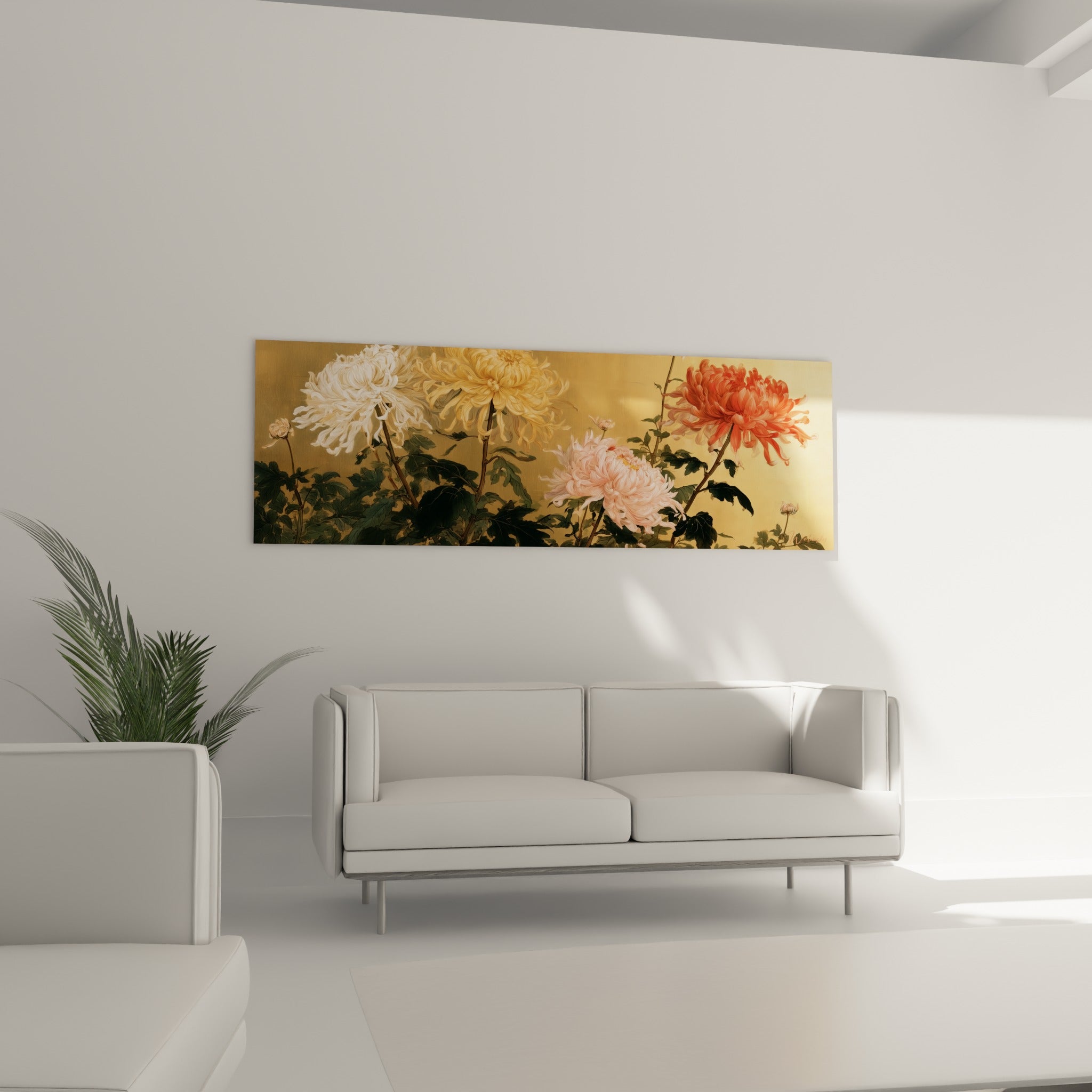 Pétales de chrysanthème rose pâle et doré, tableau accroché au-dessus d'un canapé dans un salon lumineux