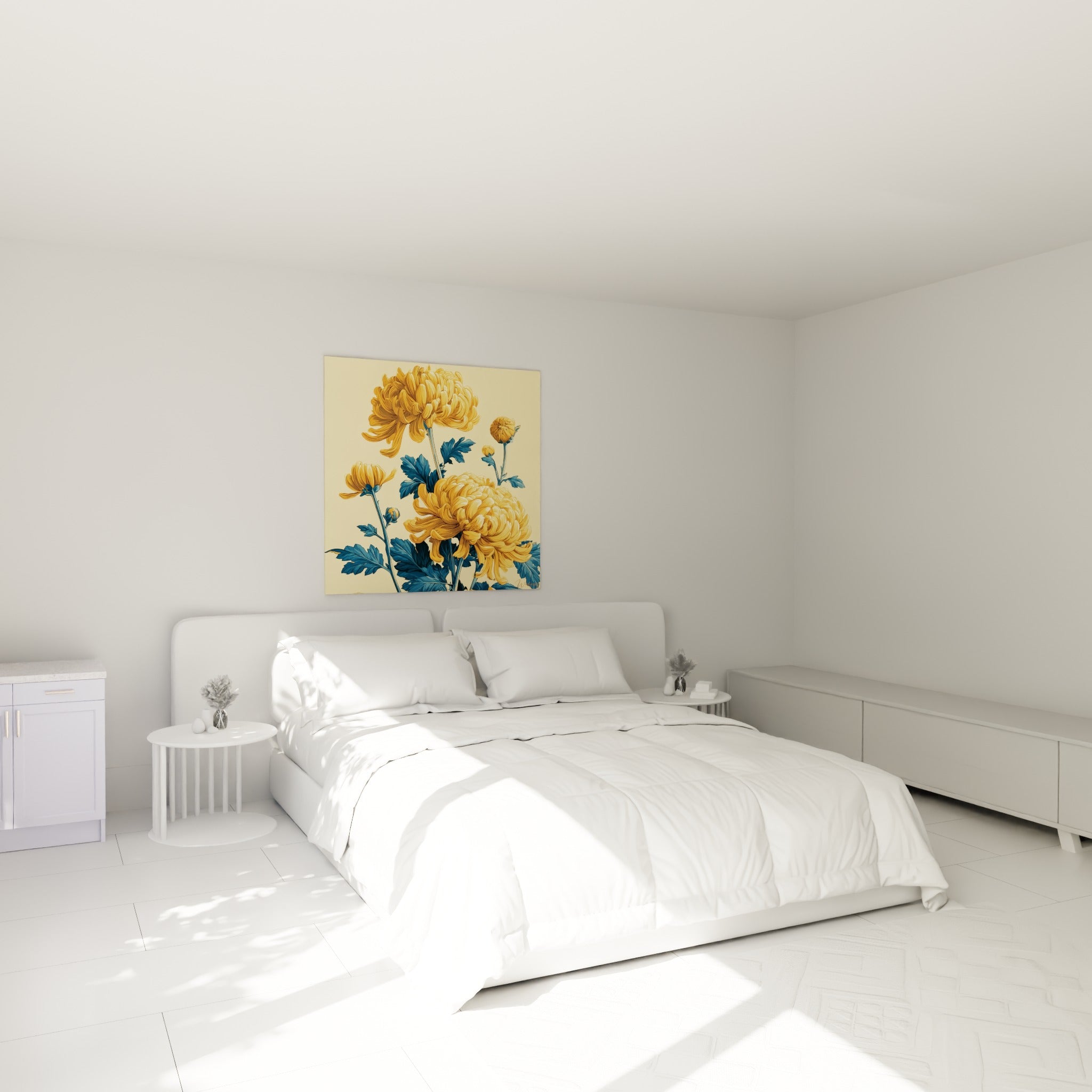Bouquets de chrysanthèmes dorés et bleu marine au-dessus d'un lit dans une chambre claire