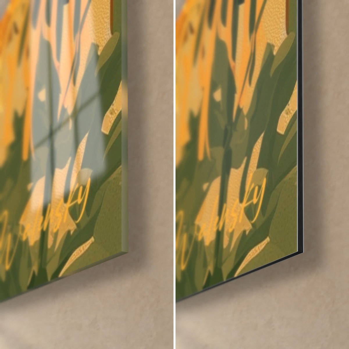 Tableau bouquet de chrysanthèmes ocre et vert, coin bas droit : verre acrylique brillant à gauche, alu Dibond mat à droite, tranche de 3 mm