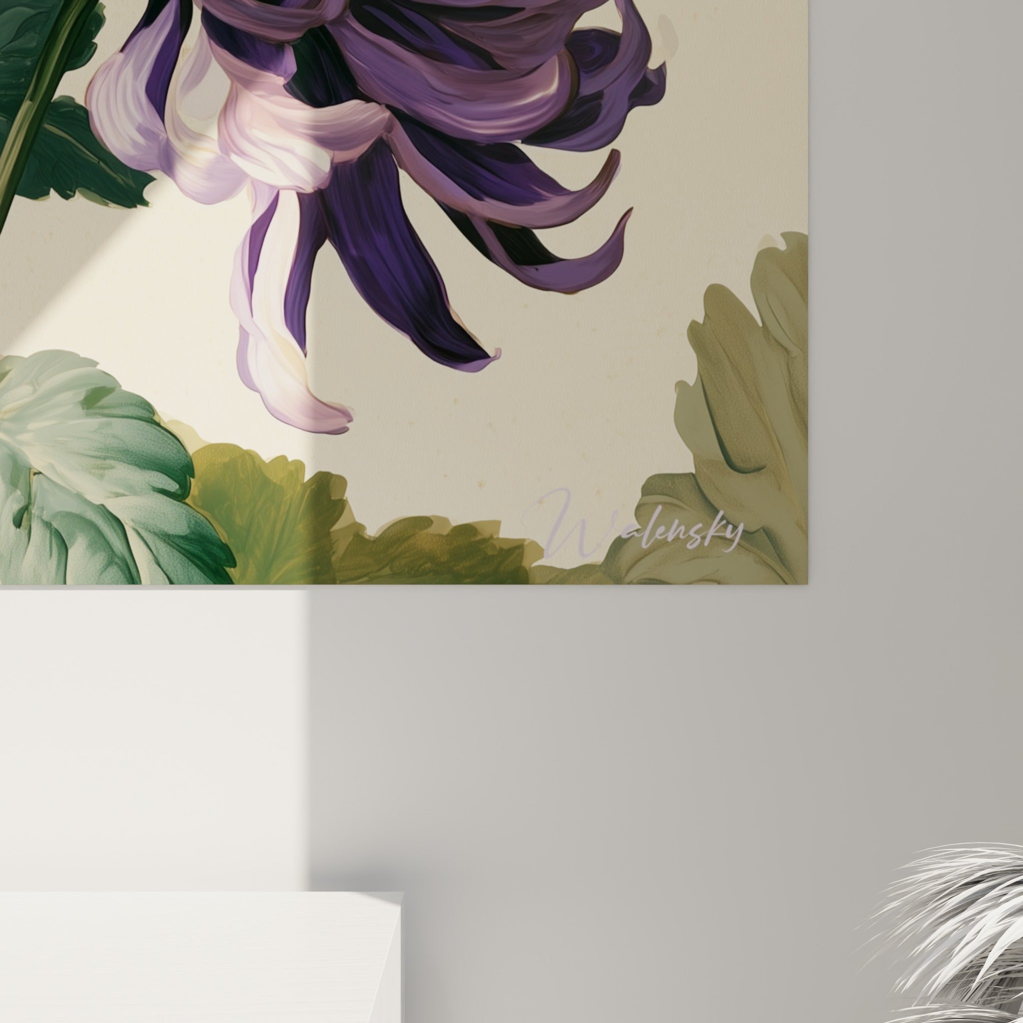 Empâtements et coulures violettes du chrysanthème révélant le grain et la matière de la toile