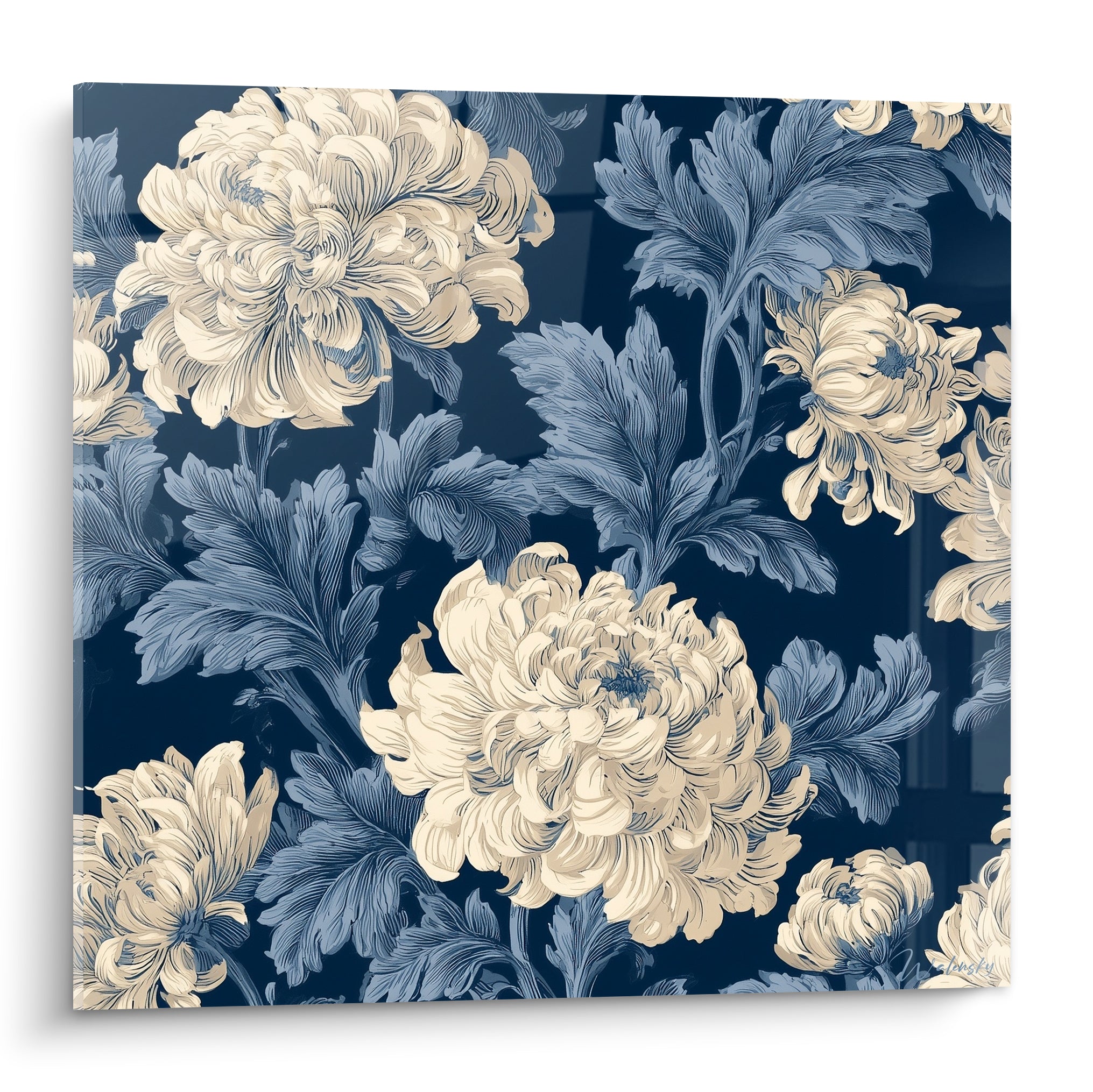 Chrysanthèmes ivoire épanouis sur fond bleu marine intense, style gravure botanique détaillée
