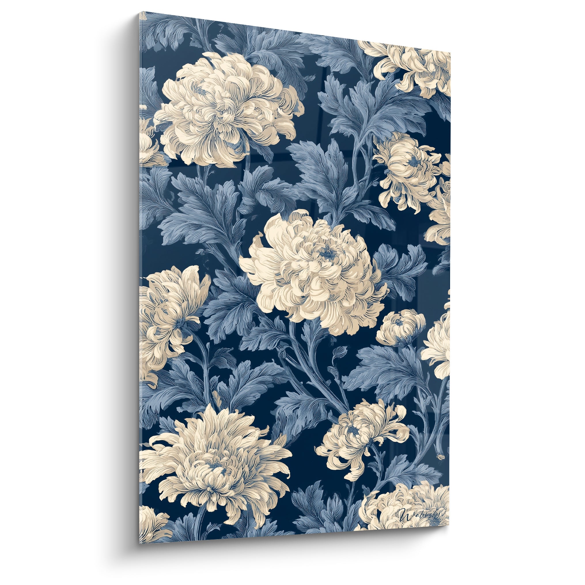 Chrysanthèmes ivoire aux pétales denses sur fond bleu marine, style gravure botanique raffinée