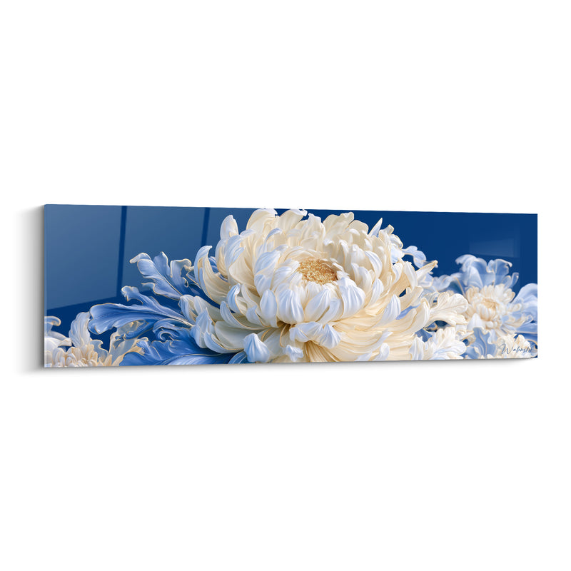 Tableau Chrysanthème ivoire et bleu roi cœur doré - Pétales sculptés satinés - Edition Chrysanthème
