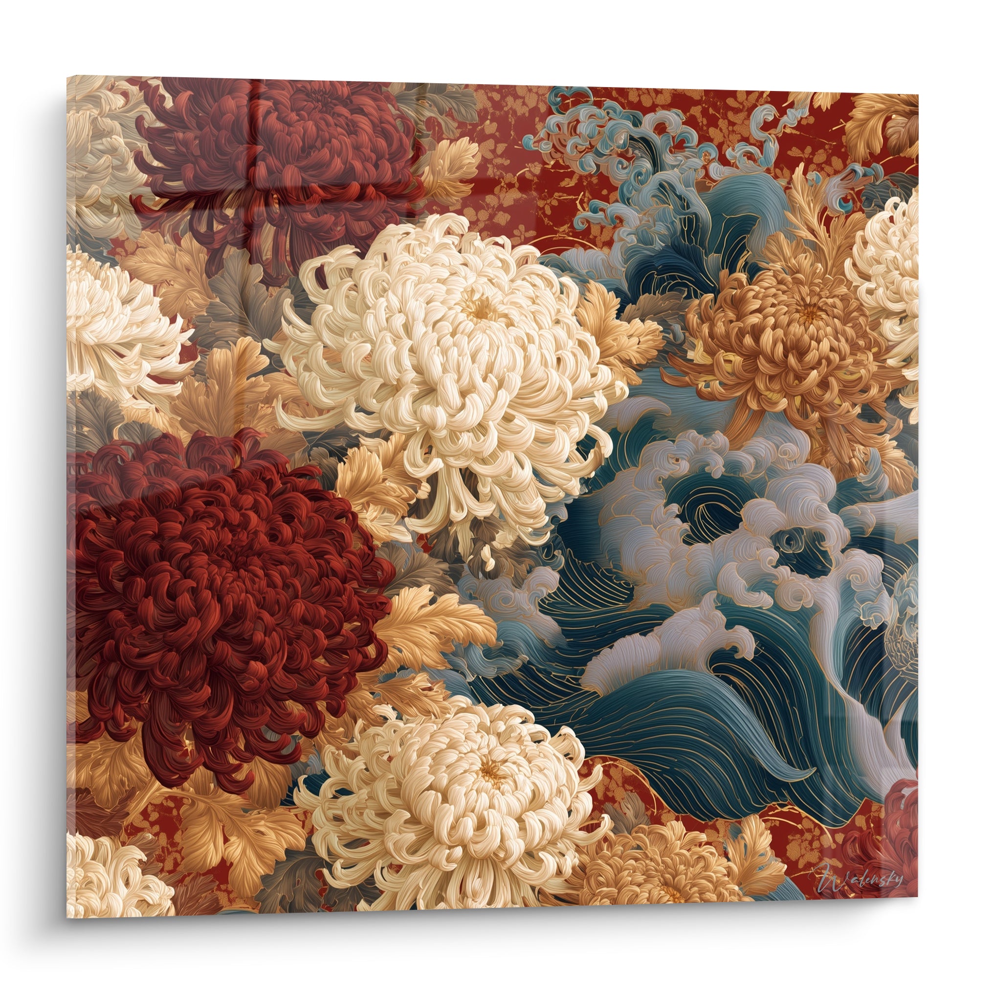 Chrysanthèmes ivoire et bordeaux sur vague bleu marine et dorée, plein cadre pictural dense