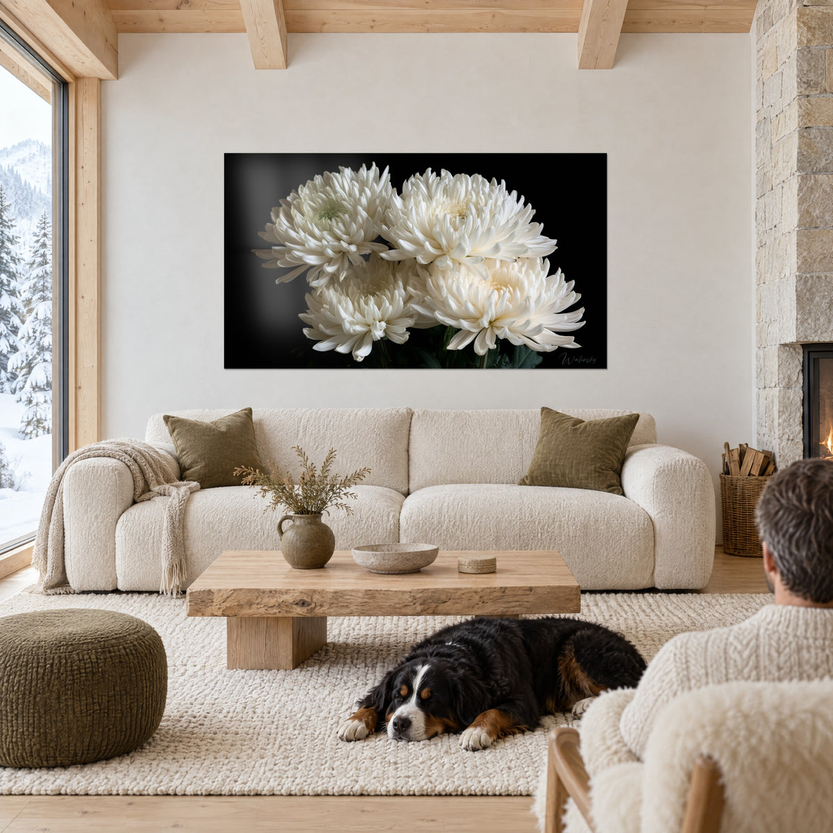 Wall art white chrysanthemums with slender pointed petals on black background, black dog and dying fire, above a sofa in a bright living room