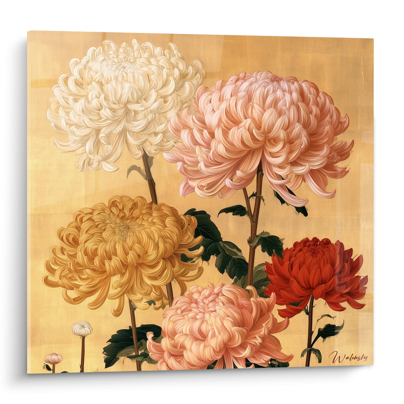 Tableau Chrysanthèmes ivoire et corail sur fond doré - Éclosion dorée - Edition Chrysanthème