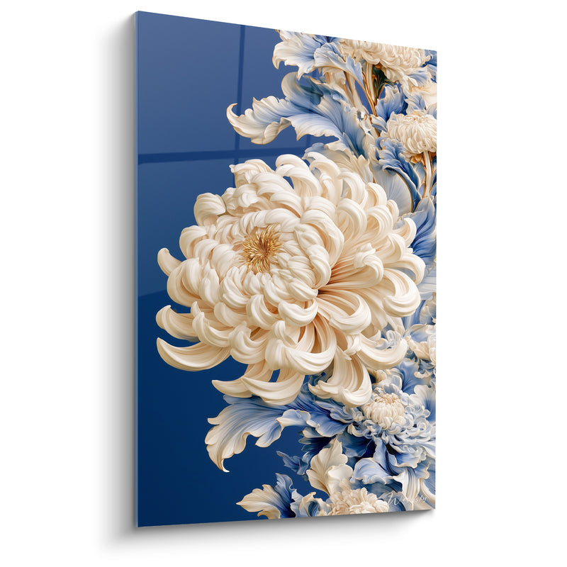 Tableau Chrysanthème ivoire et bleu pétales en volutes - Reflet vitré marine - Edition Chrysanthème