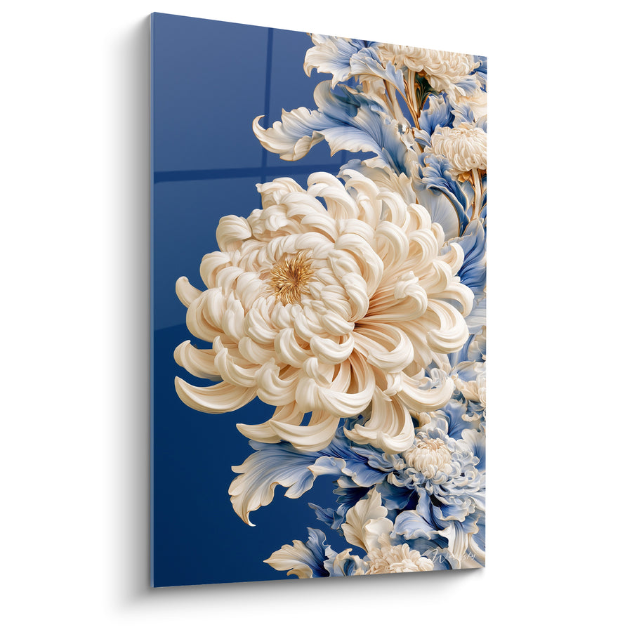 Leinwand Chrysantheme Elfenbein und Blau, Blüten in Spiralen - Marine Glasreflexion - Edition Chrysantheme