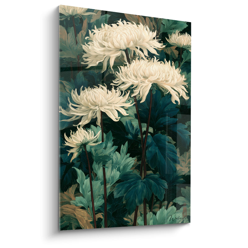 Tableau Chrysanthèmes ivoire et vert sombre en cascade - Tiges brunes élancées - Edition Chrysanthème