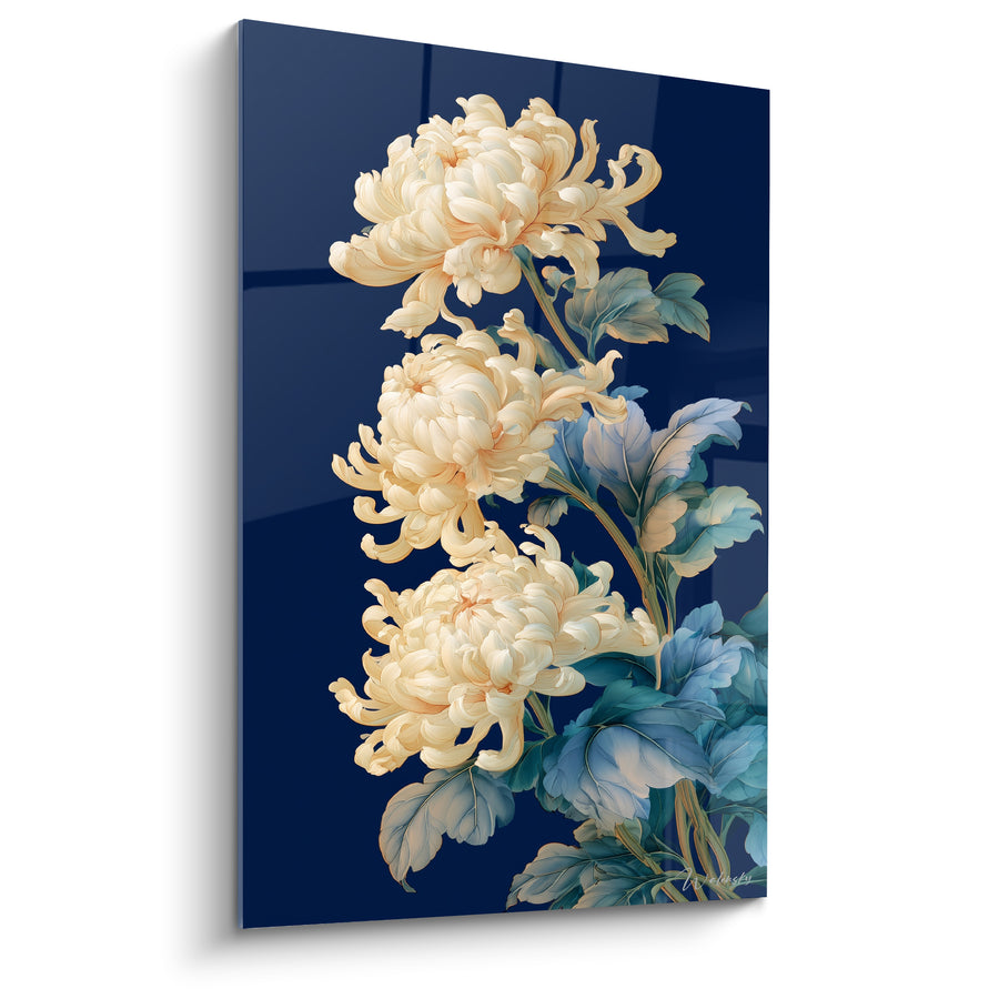 Drei-fach vertikales Chrysanthemenbild in Elfenbein und Mitternachtsblau - Überlagerte blaugrüne Blätter - Chrysantheme Edition
