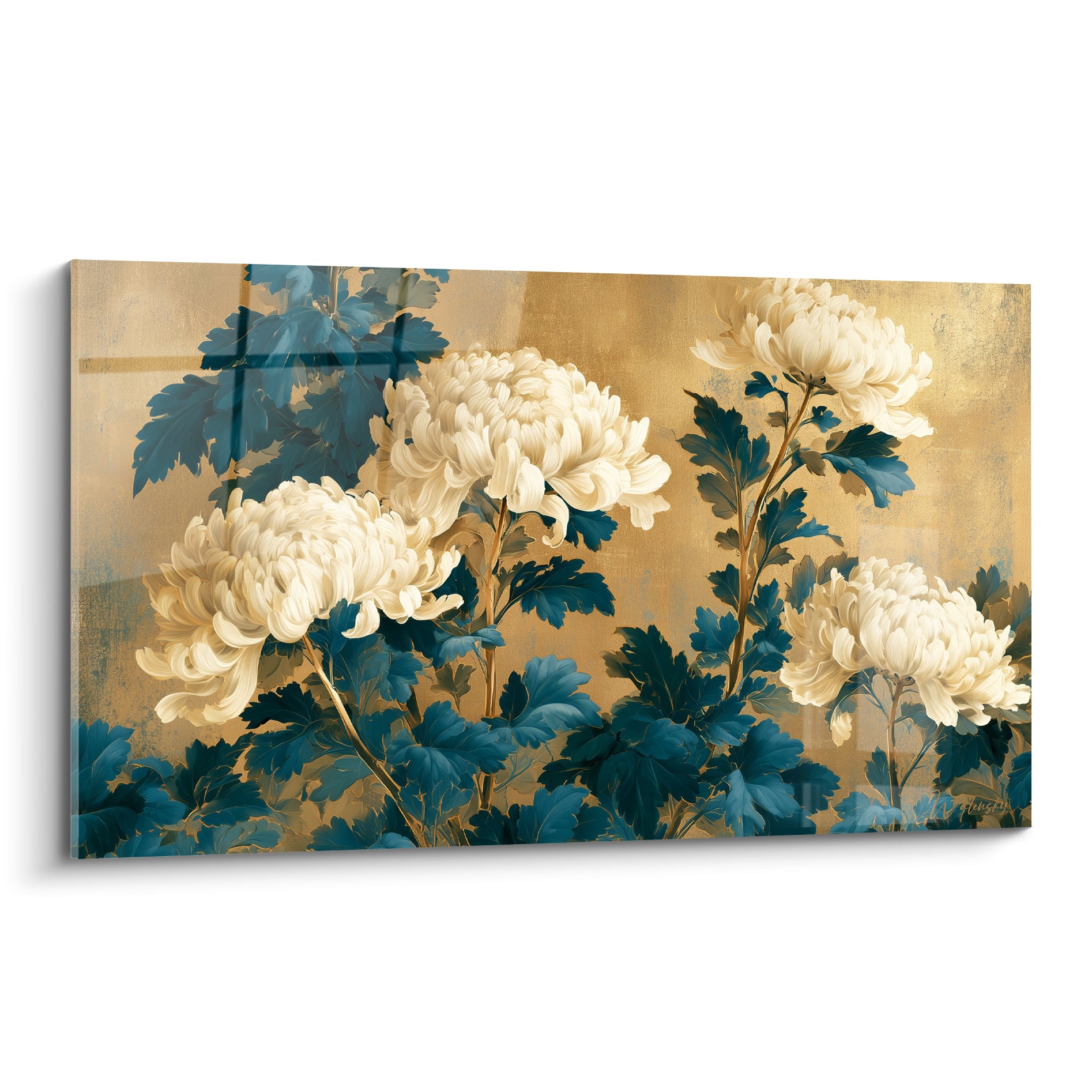Chrysanthème ivoire et bleu pétrole peint sur fond doré patiné, pétales denses et feuillage graphique