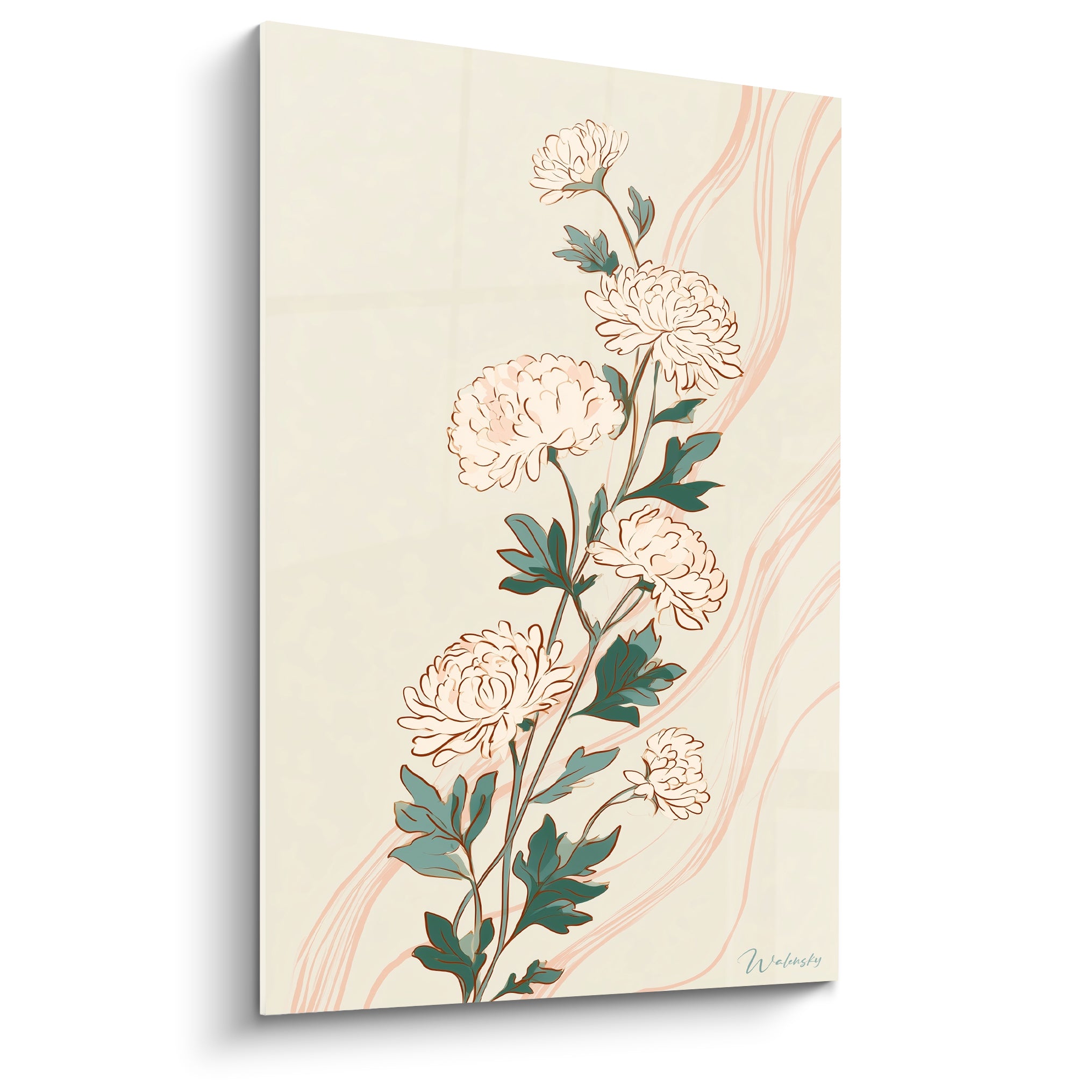 Chrysanthème ivoire aux pétales crème et feuillage vert sauge sur fond rosé ondulé