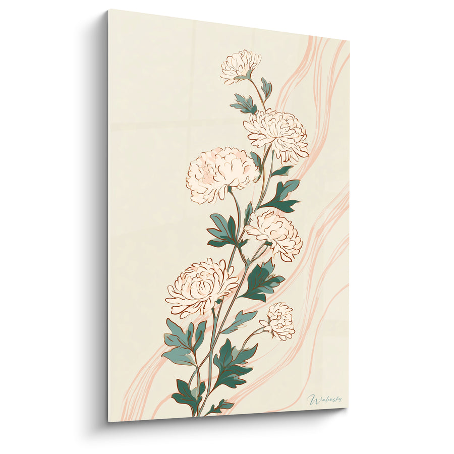 Blumenbild Chrysanthemen Creme auf Rosé-Hintergrund - Zarter botanischer Druck - Chrysanthemum Edition