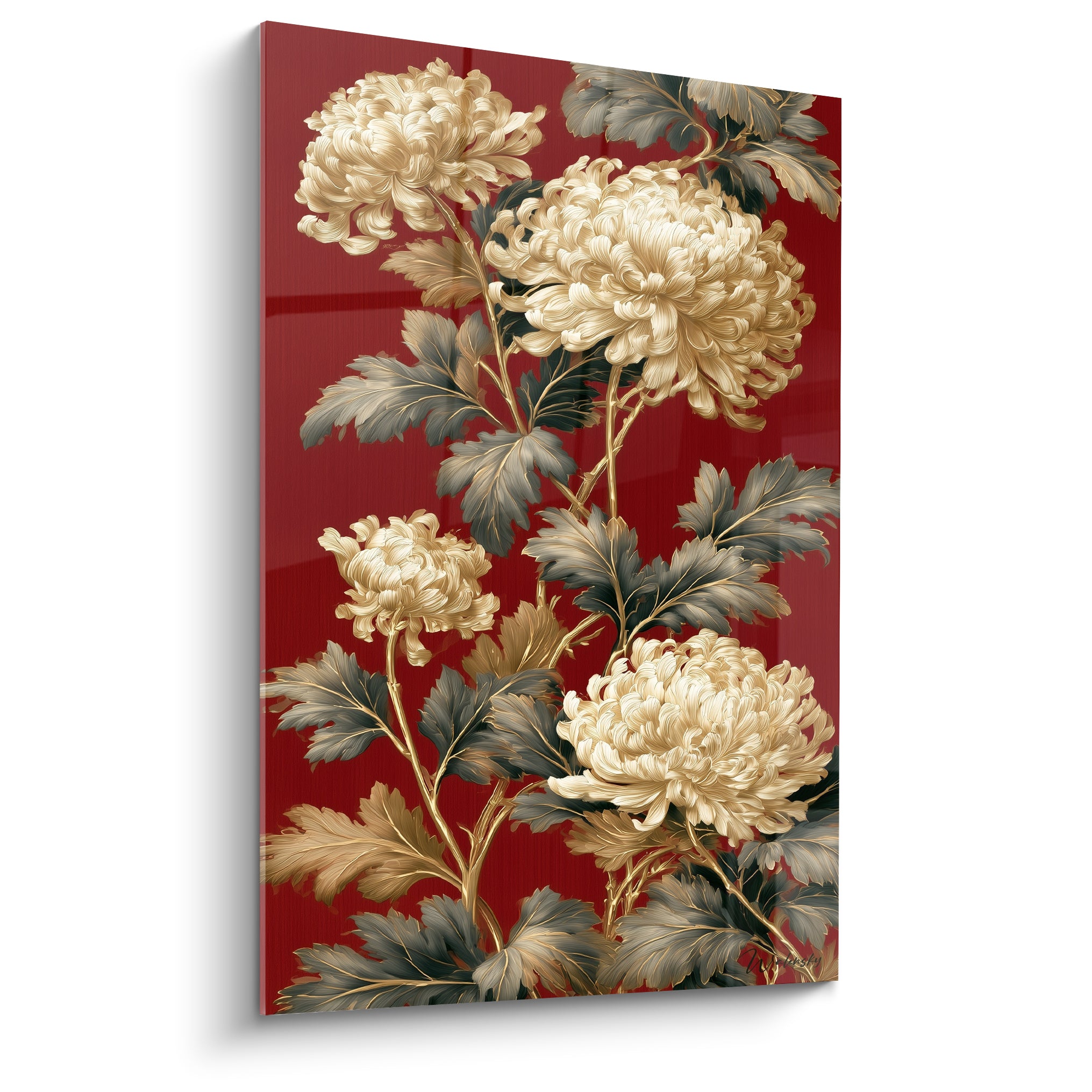 Chrysanthème ivoire aux pétales dorés sur fond rouge grenat, composition florale détaillée et raffinée