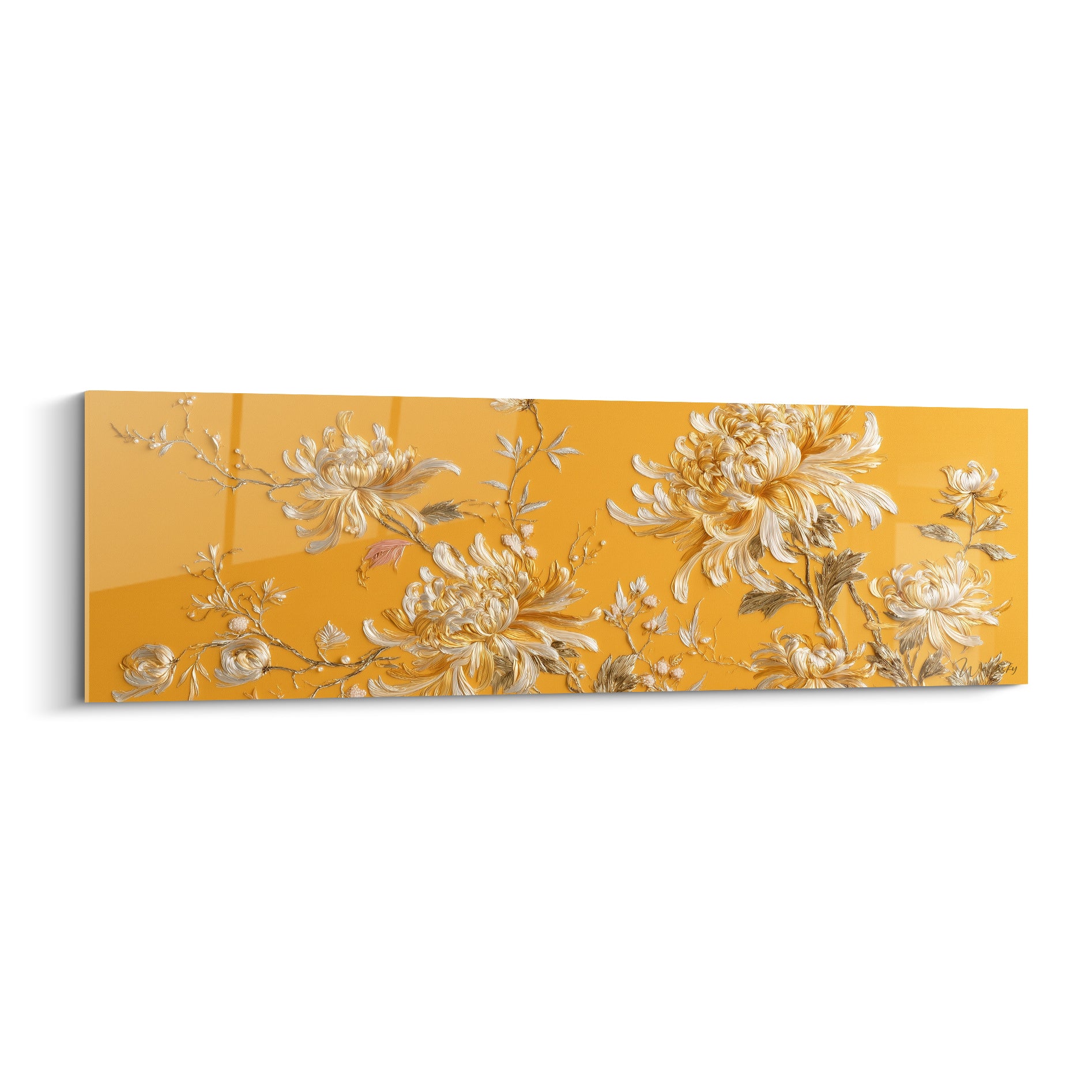 Chrysanthèmes ivoire et bronze en relief sur fond safran, composition florale sculptée