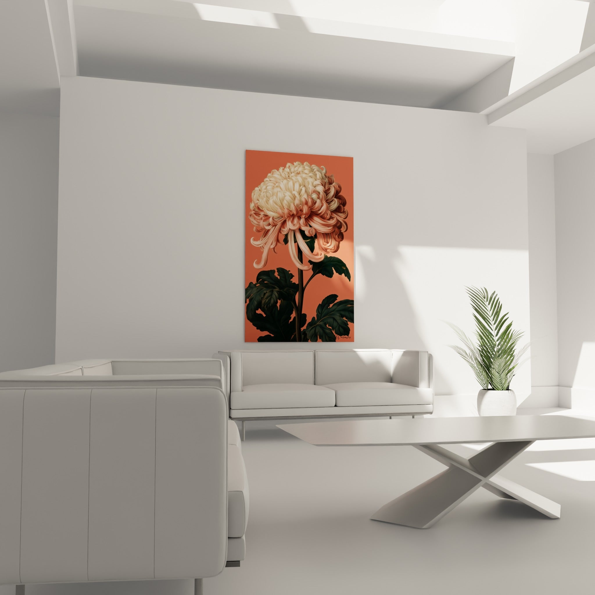 Chrysanthème aux pétales enroulés corail et ivoire au-dessus d'un canapé dans un salon lumineux