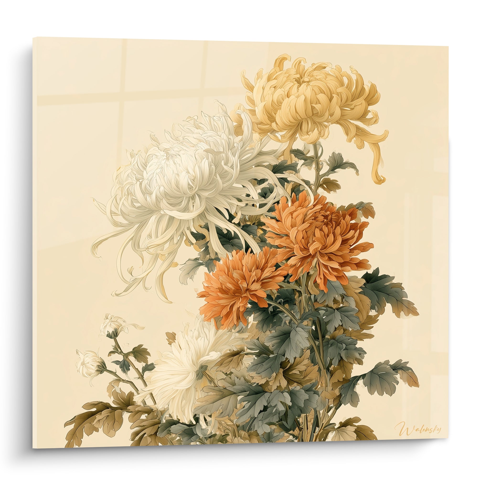 Chrysanthèmes ivoire et terracotta aux pétales effilochés sur fond beige crème