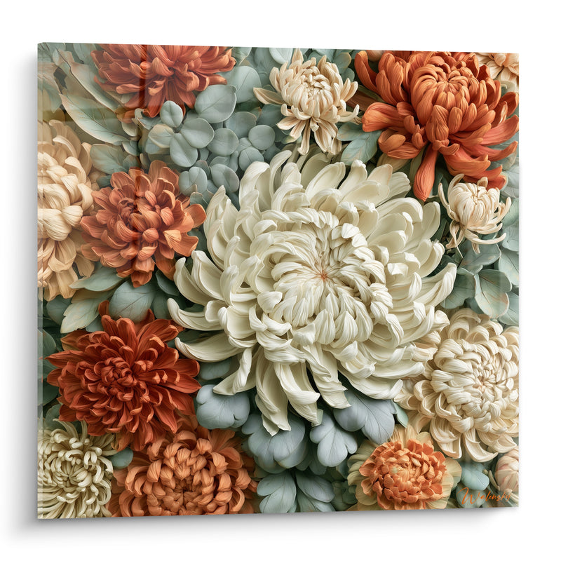 Tableau Chrysanthèmes ivoire et terracotta feuillage sauge - Éclosion foisonnante - Edition Chrysanthème
