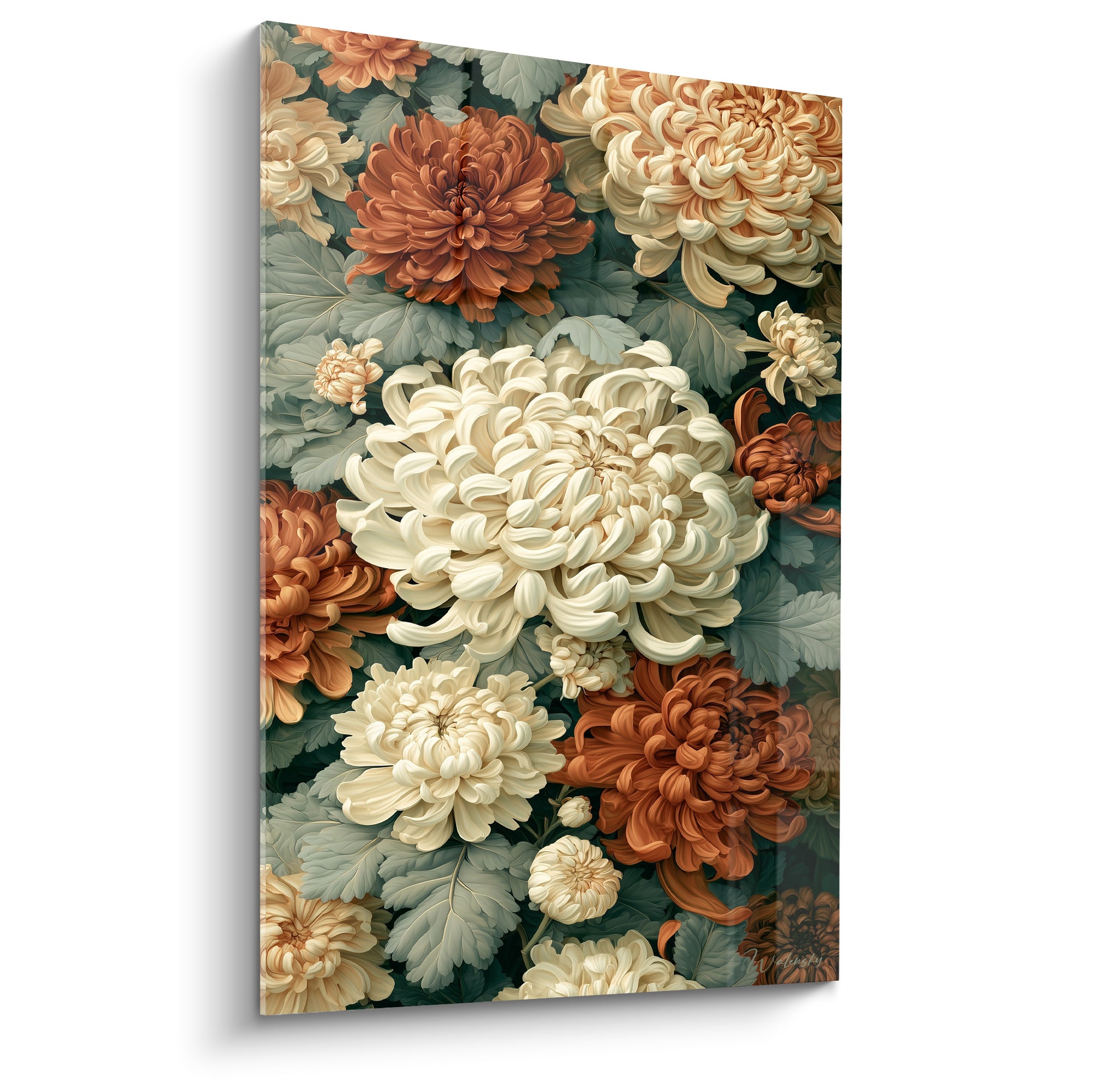 Chrysanthèmes ivoire et terracotta aux pétales déployés sur fond vert sauge profond