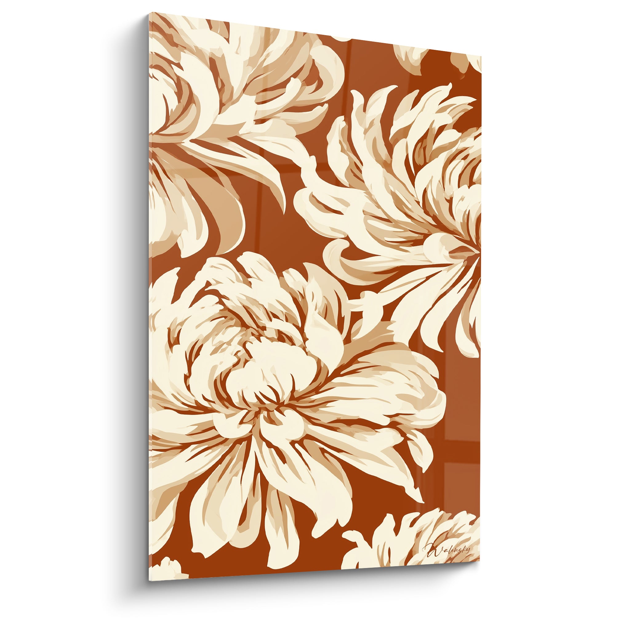 Chrysanthème ivoire aux pétales déployés sur fond terracotta, style graphique et contours bruns marqués