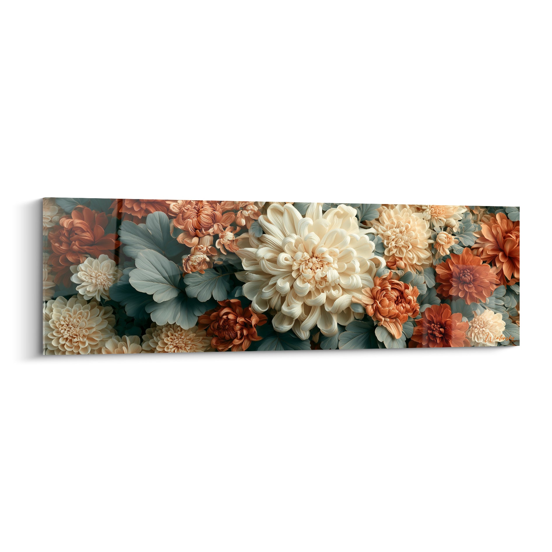 Chrysanthèmes ivoire et terracotta serrés en pleine floraison, feuillage vert sauge en arrière-plan