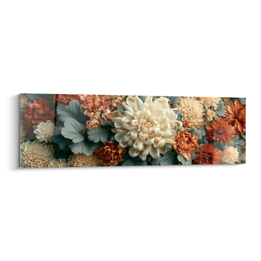 Leinwand Chrysantheme Elfenbein und Rot mit bläulichen Blättern - Dichtes Panorama-Bouquet - Edition Chrysanthème