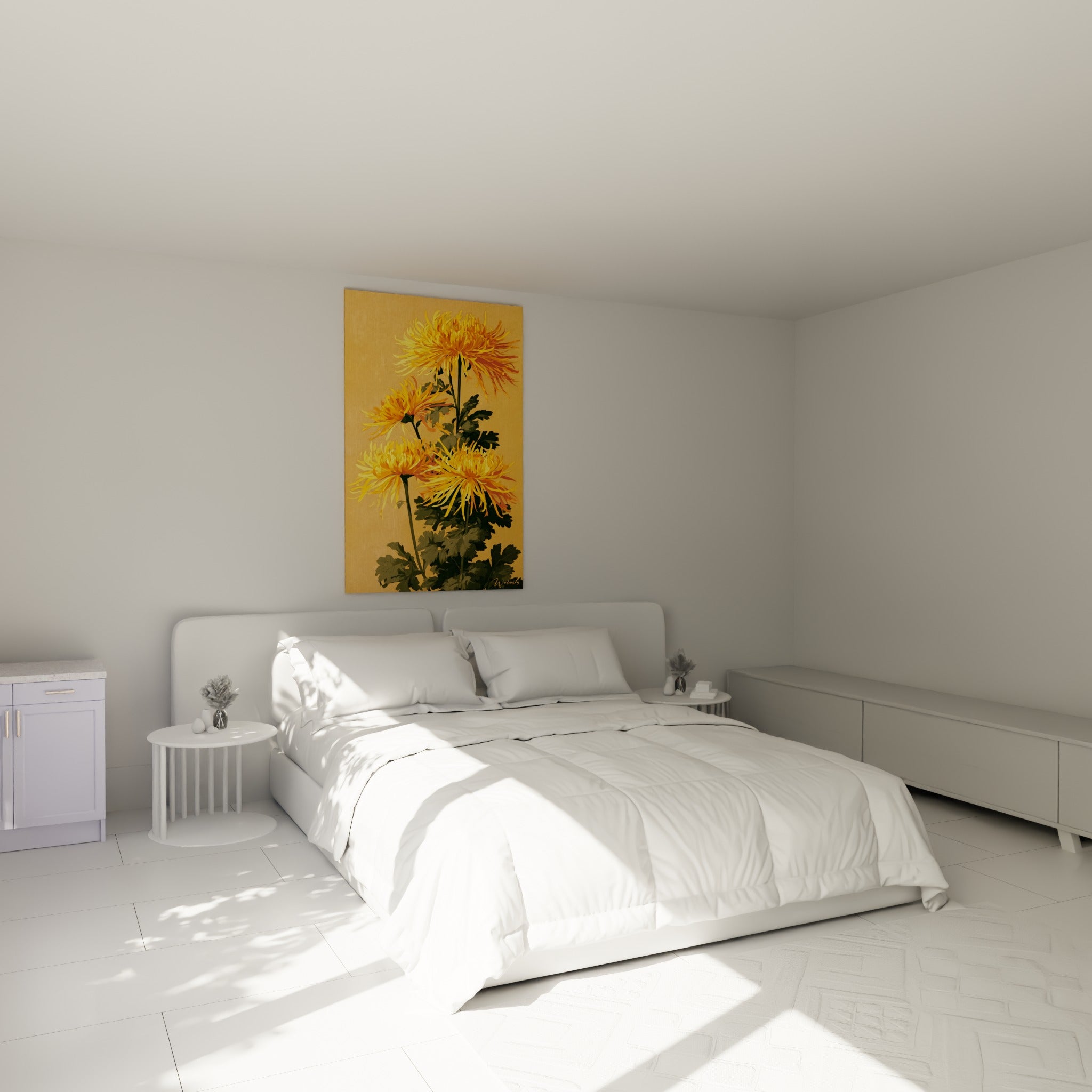 Fleurs de Chrysanthème jaune et vert olive surplombant un lit dans une chambre claire et épurée