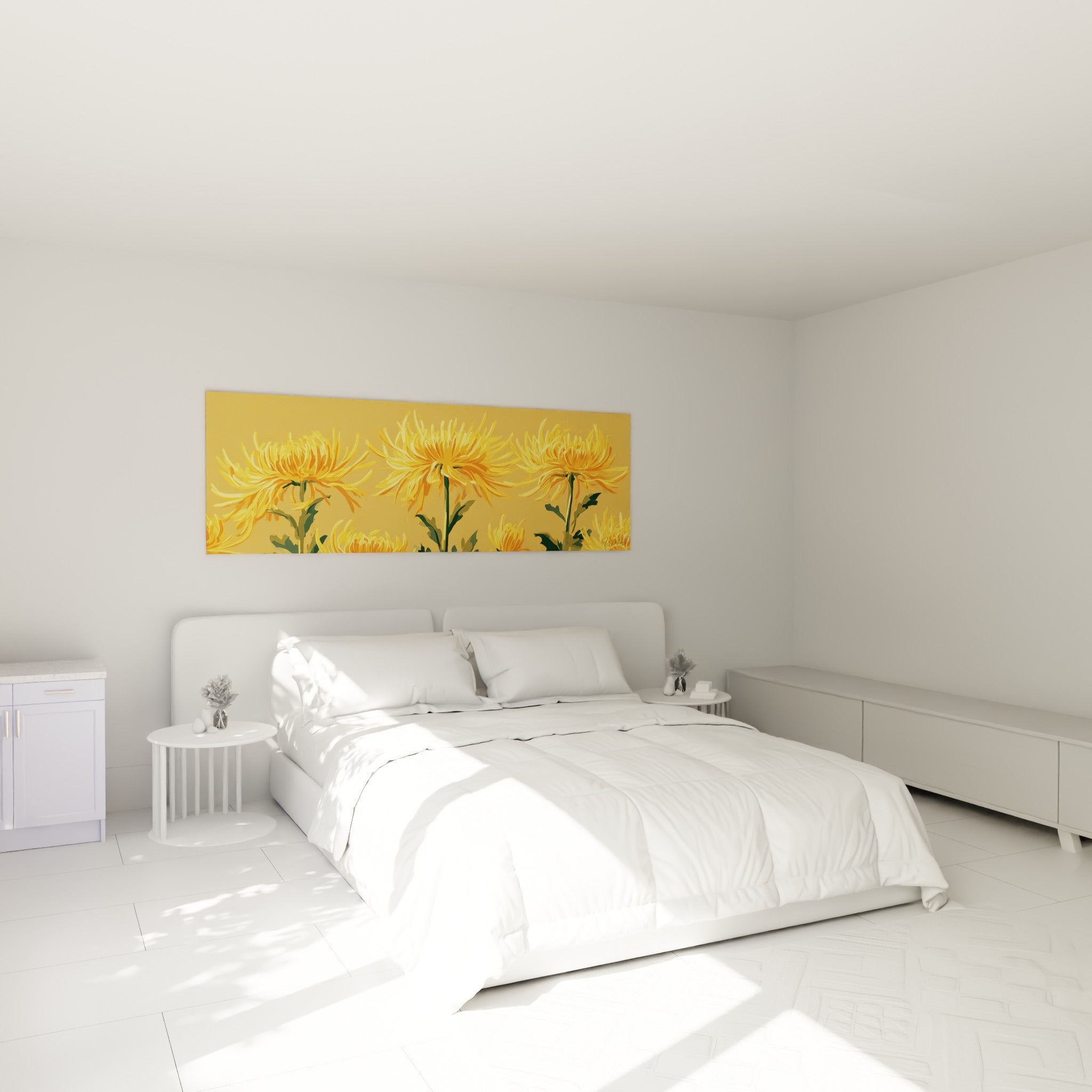 Fleurs de chrysanthème dorées et jaunes au-dessus d'un lit dans une chambre claire