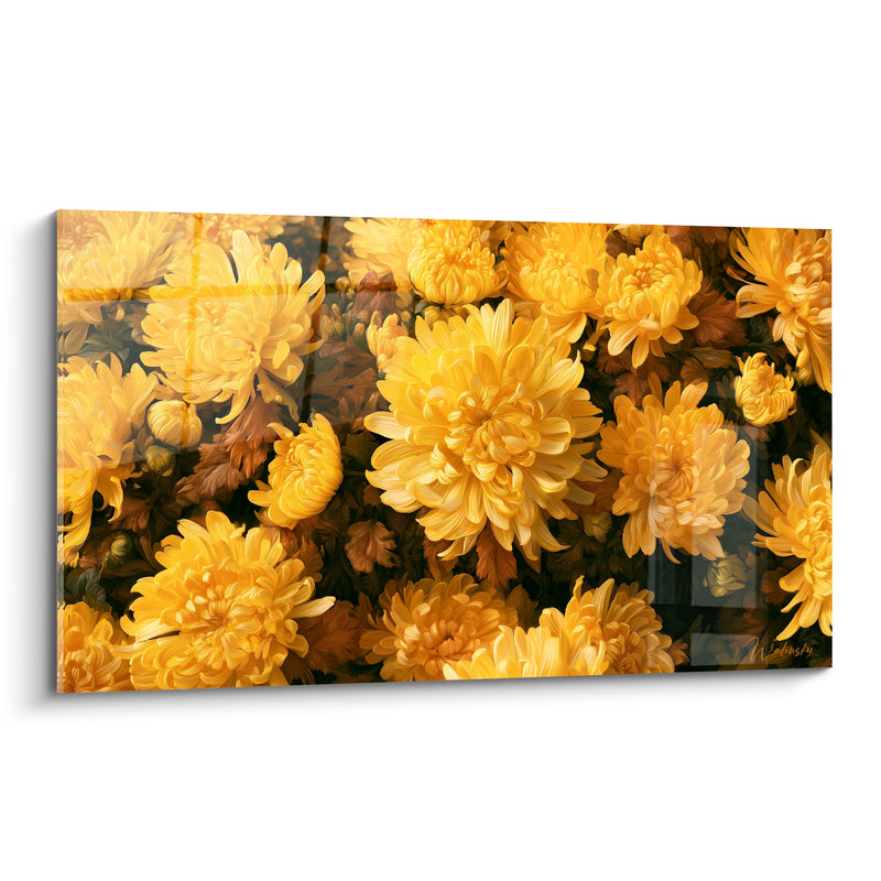 Tableau Chrysanthèmes jaunes et bruns en massif compact - Bouquet touffu doré - Edition Chrysanthème