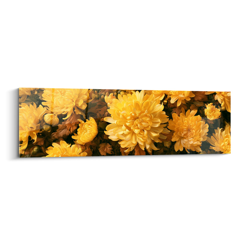 Tableau Chrysanthèmes jaunes et bruns en panorama serré - Massif floral horizontal - Edition Chrysanthème