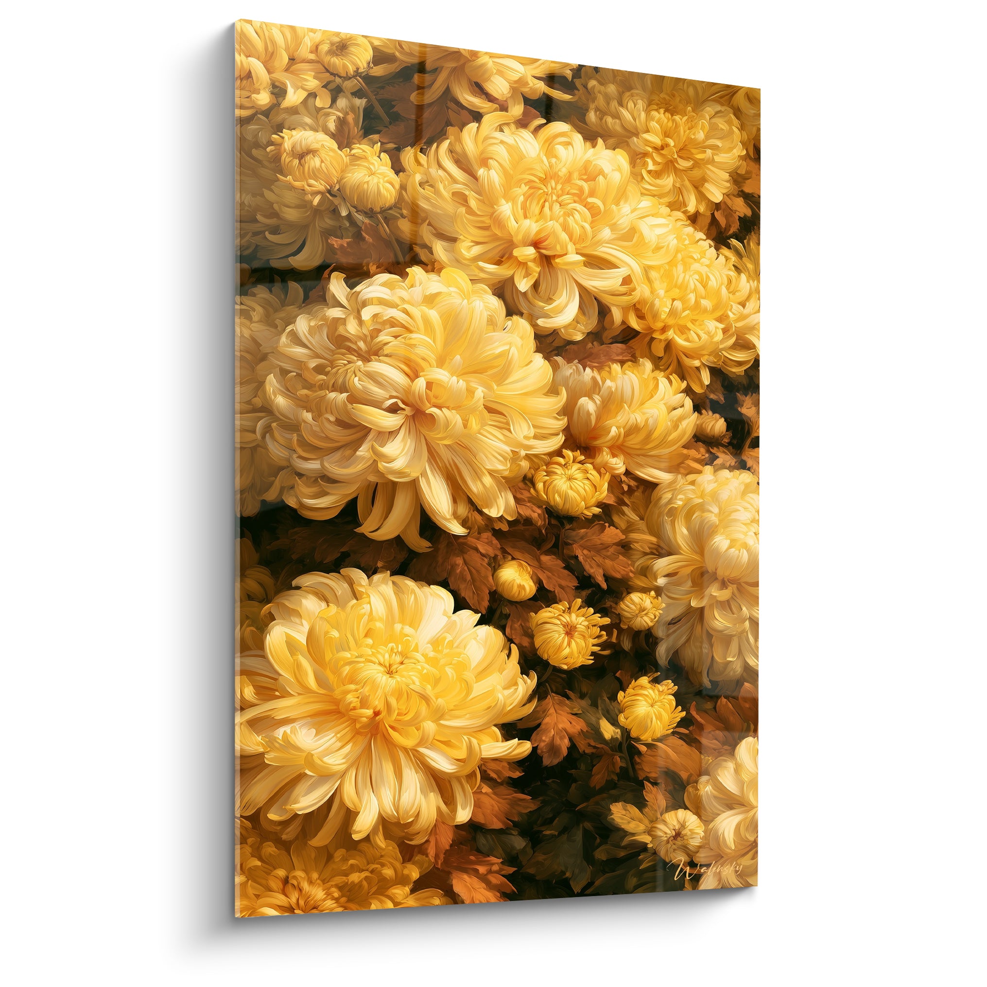 Chrysanthèmes jaunes et dorés aux pétales denses, style peint détaillé, feuillage brun cuivré en fond