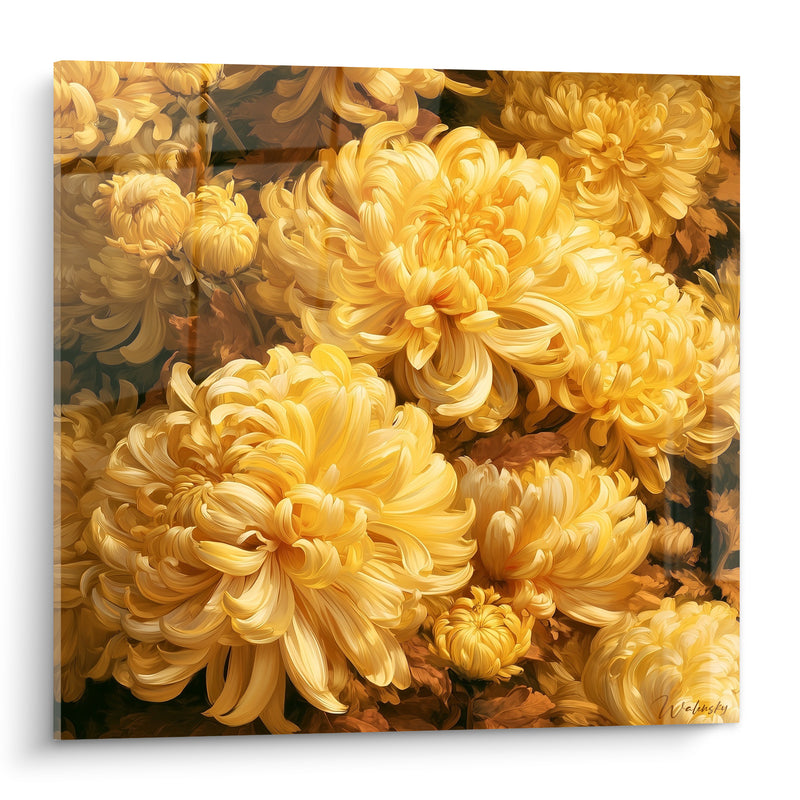 Tableau Chrysanthèmes jaune et brun aux pétales frisés - Bouquet dense abondant - Edition Chrysanthème