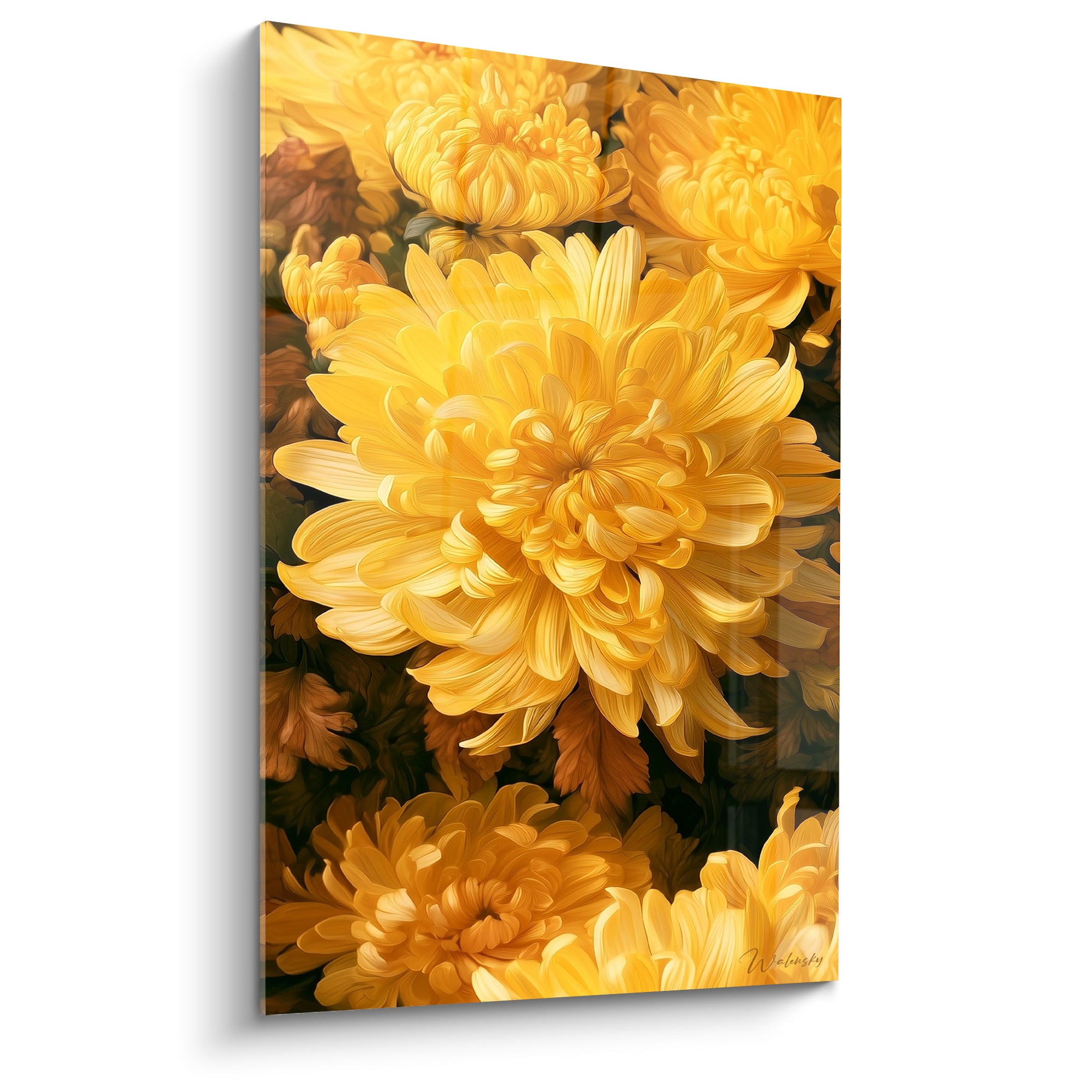 Chrysanthème doré et brun aux pétales denses, texture picturale sur fond vert foncé profond