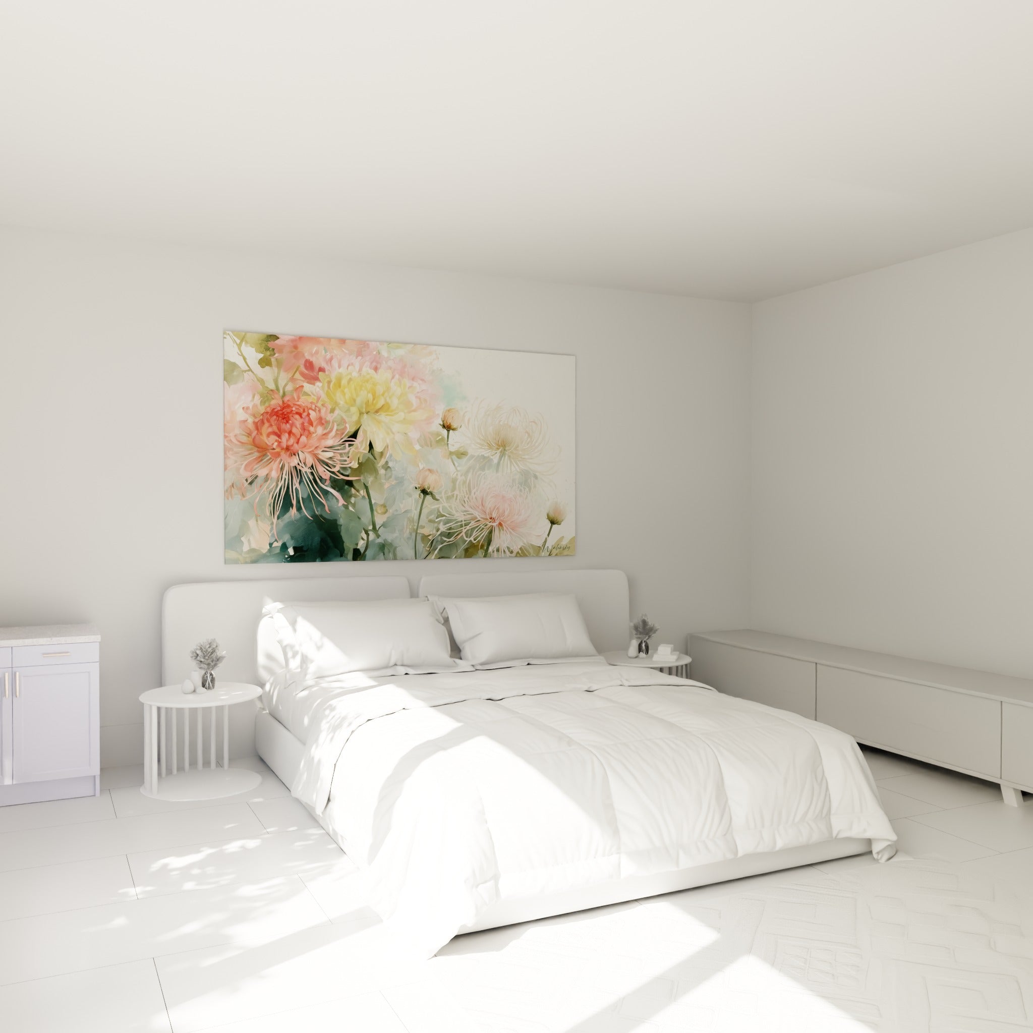 Chrysanthèmes roses et jaune pâle aux pétales effilés, au-dessus d'un lit dans une chambre claire