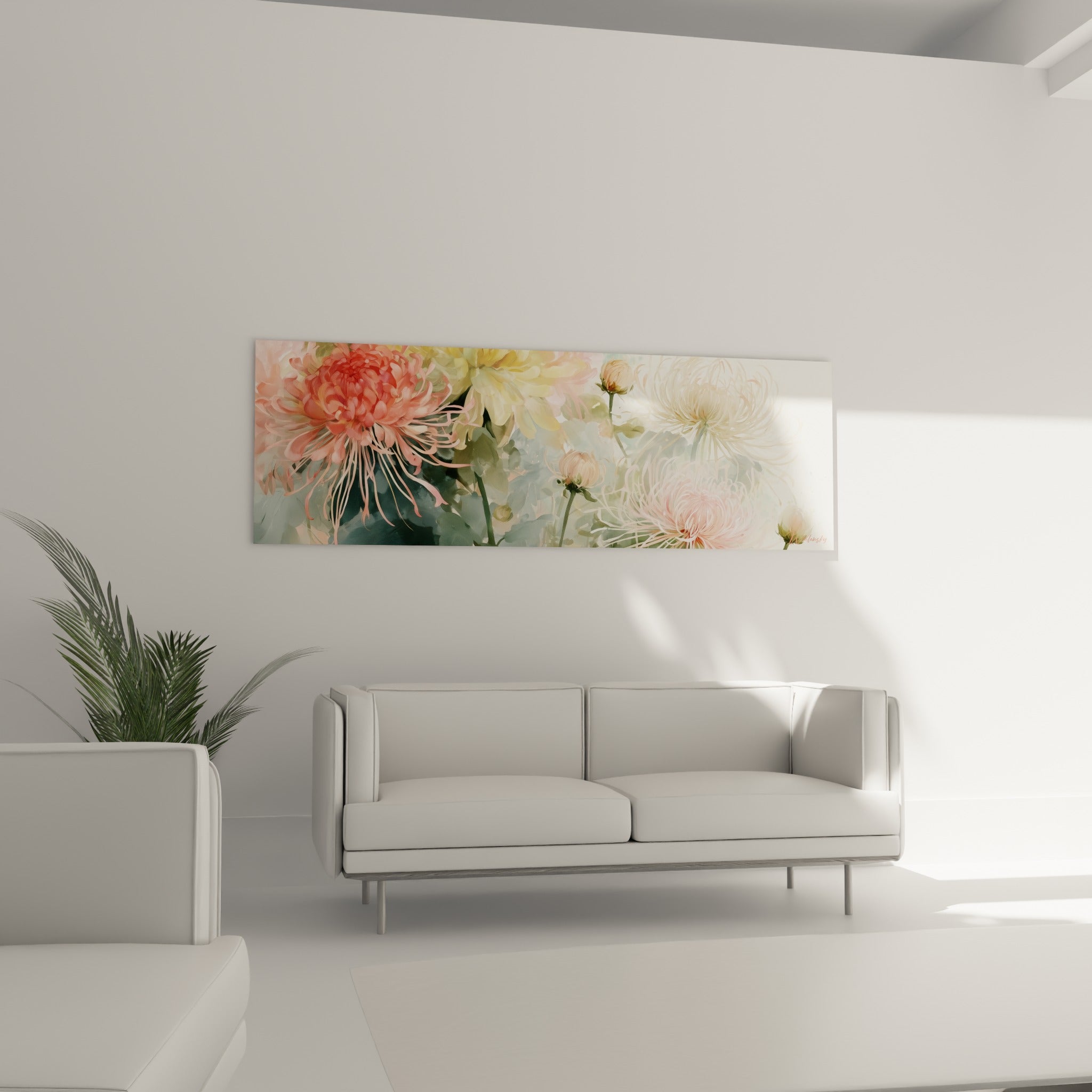 Bouquet de chrysanthèmes pastel rose et jaune pâle en touches délicates, au-dessus d'un canapé dans un salon lumineux