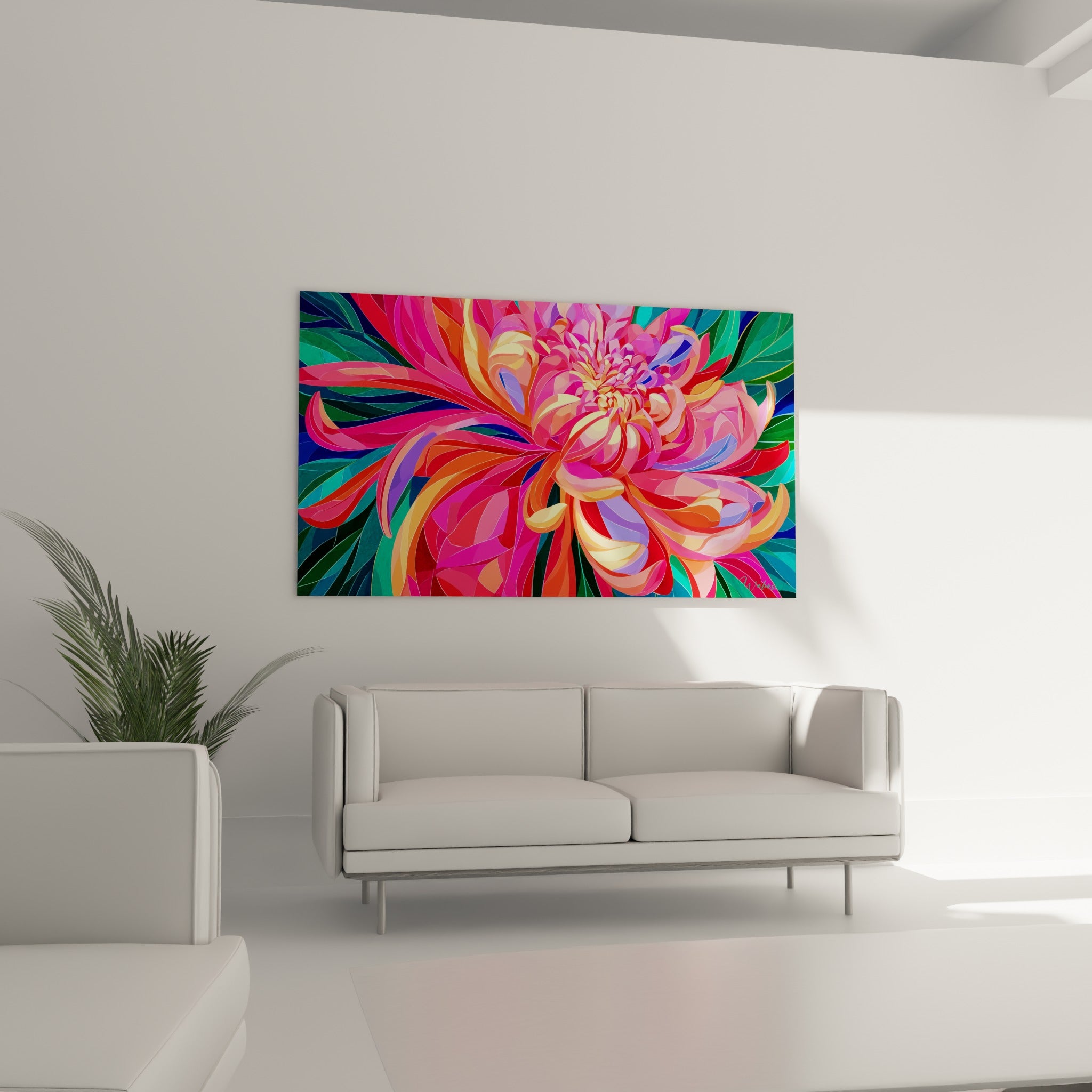 Pétales de chrysanthème jaune doré et turquoise au-dessus d'un canapé dans un salon lumineux