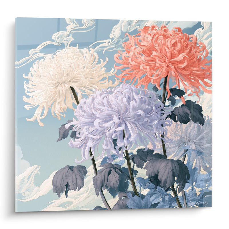 Tableau Chrysanthèmes lavande et corail sur fond bleu - Danse des pétales - Edition Chrysanthème