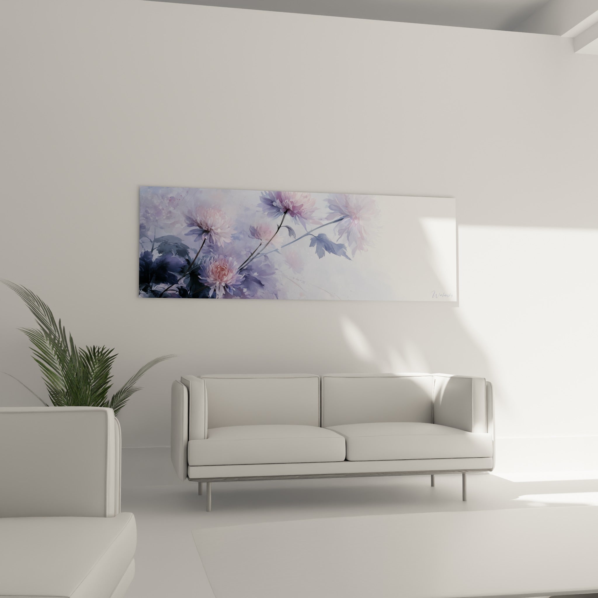 Bouquet de chrysanthème rose poudré et lavande accroché au-dessus d'un canapé dans un salon lumineux