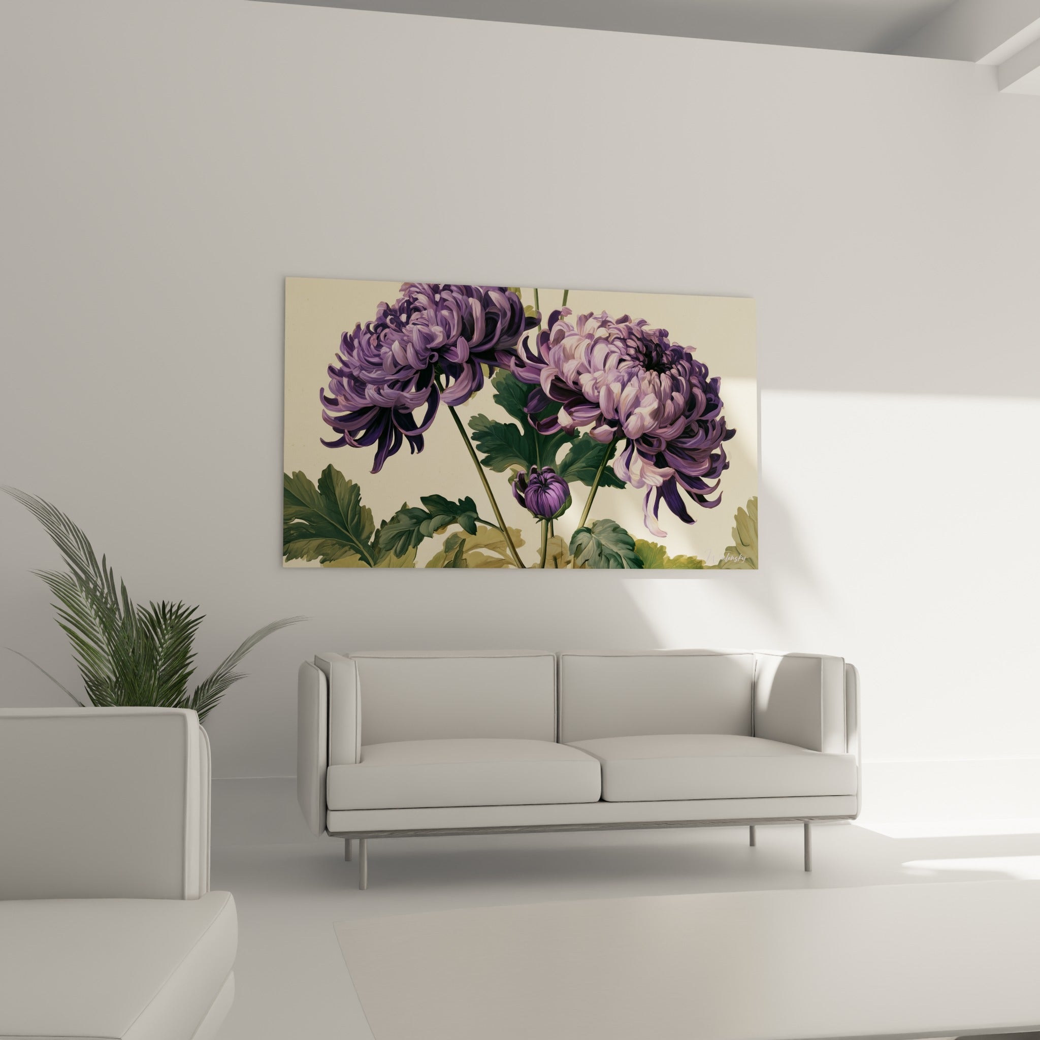 Fleurs de chrysanthème anthracite et lilas placées au-dessus d'un canapé dans un salon lumineux