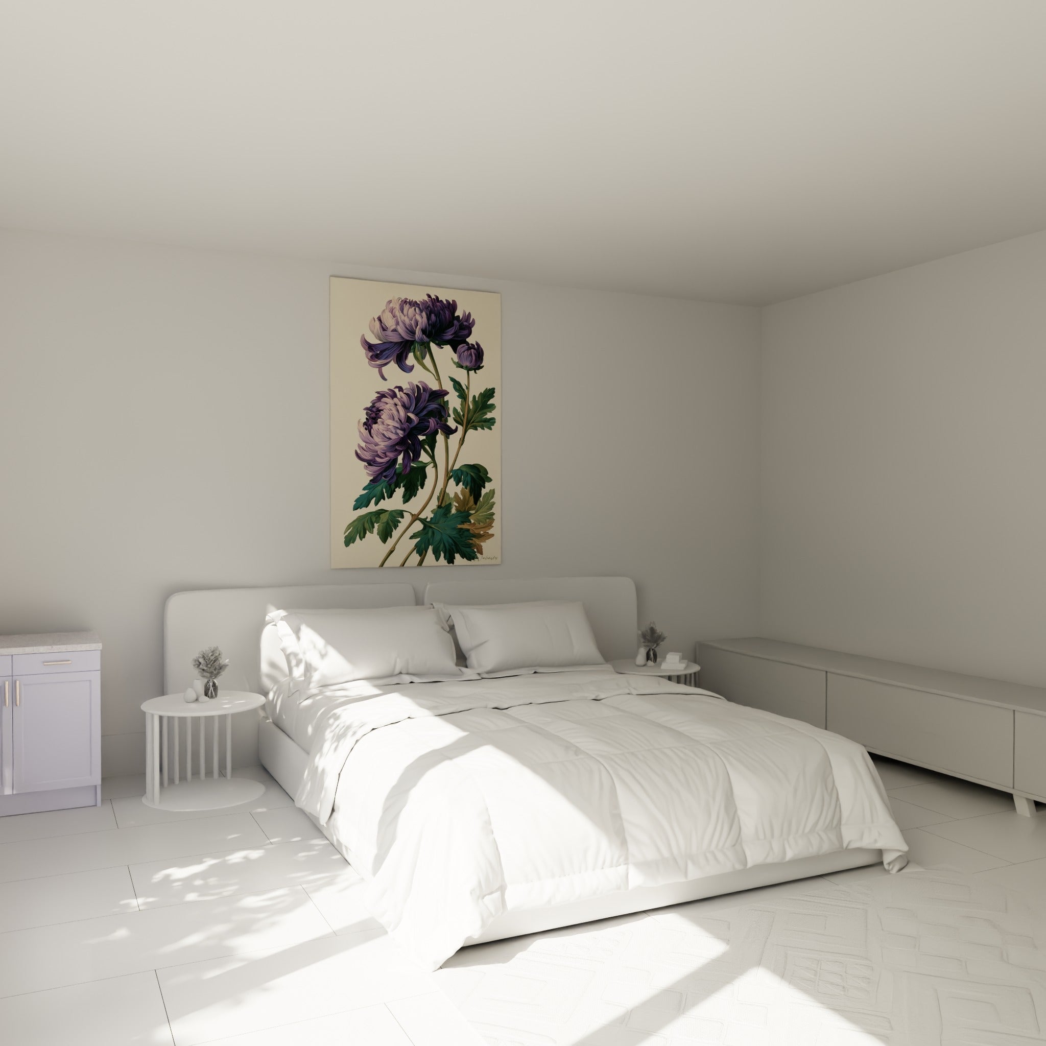 Fleurs de chrysanthème mauve et vert accrochées au-dessus d'un lit dans une chambre claire.