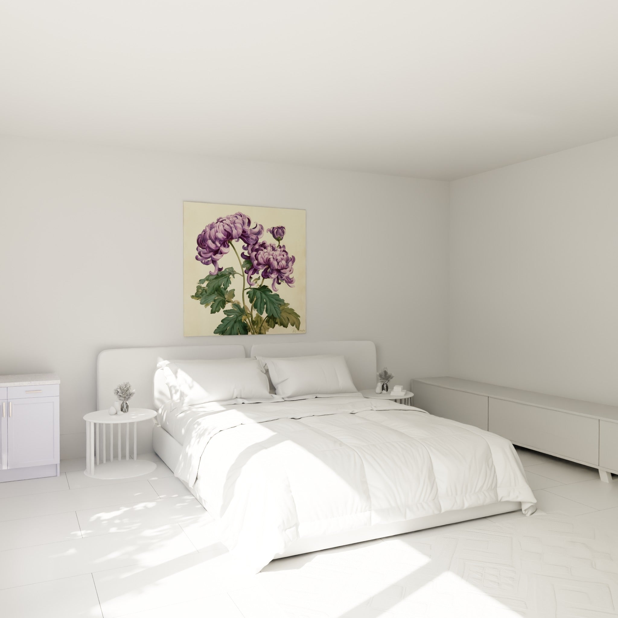 Chrysanthème mauve et vert sauge accroché au-dessus d'un lit dans une chambre claire